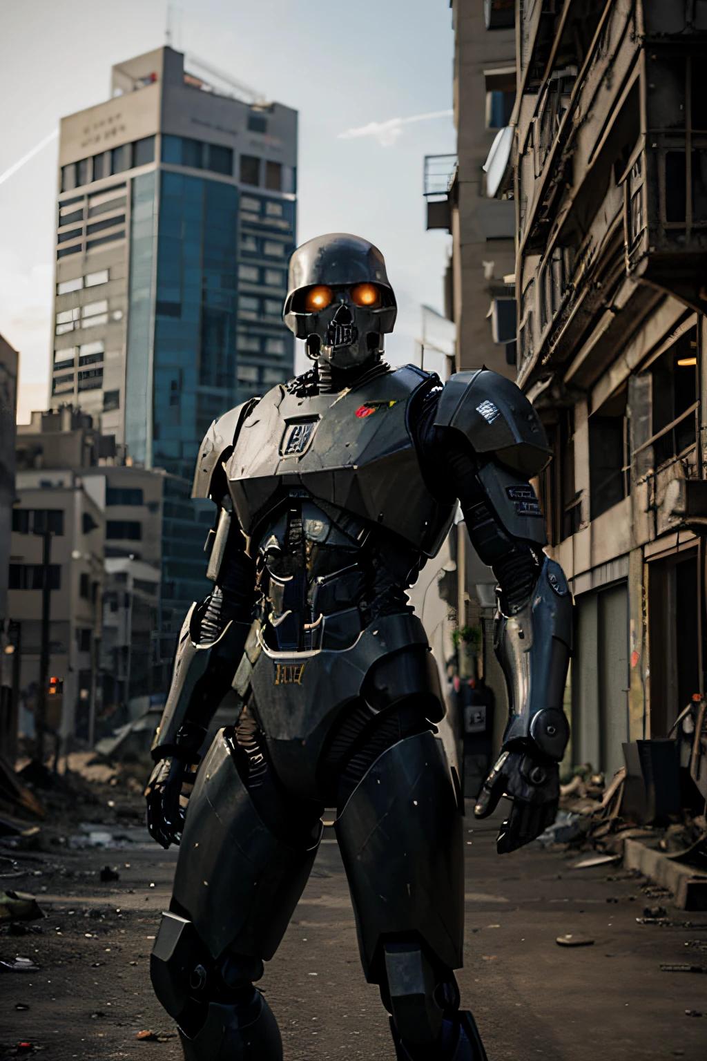 Combat robot in a war-torn cityscape with multiple human skulls