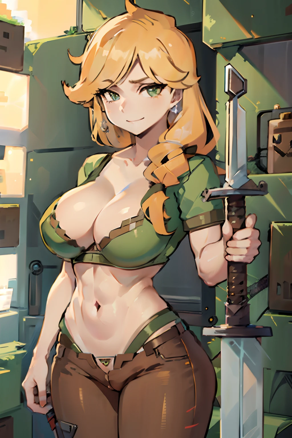 Cute smile, Big breasts, Alex, ((marked pussy)), Minecraft Brown Pants, ((bra)), ((((Diamond sword))))