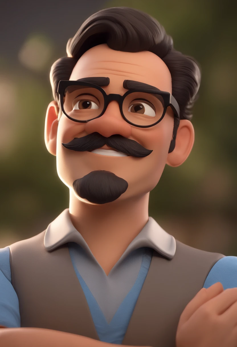 Cartoon character of a man wearing black glasses, de barba e uma camisa azul, um personagem animado, Caractere estilizado, animation style rendering, 3D estilizado, Arnold Maya render, 3 d render stylized, toon render keyshot, Personagem 3D, Personagem 3D, 3d rendering stylized, 3 d character render, personagem de desenho animado, Personagem de close up, Pose de personagem, (Estilo Pixar) (master part:1.2) (Bokeh) (melhor qualidade) (pele detalhada) (textura detalhada) (8k) (argila) (Cinematic lighting) (foco nítido，Senta e vaza a parte superior do corpo
