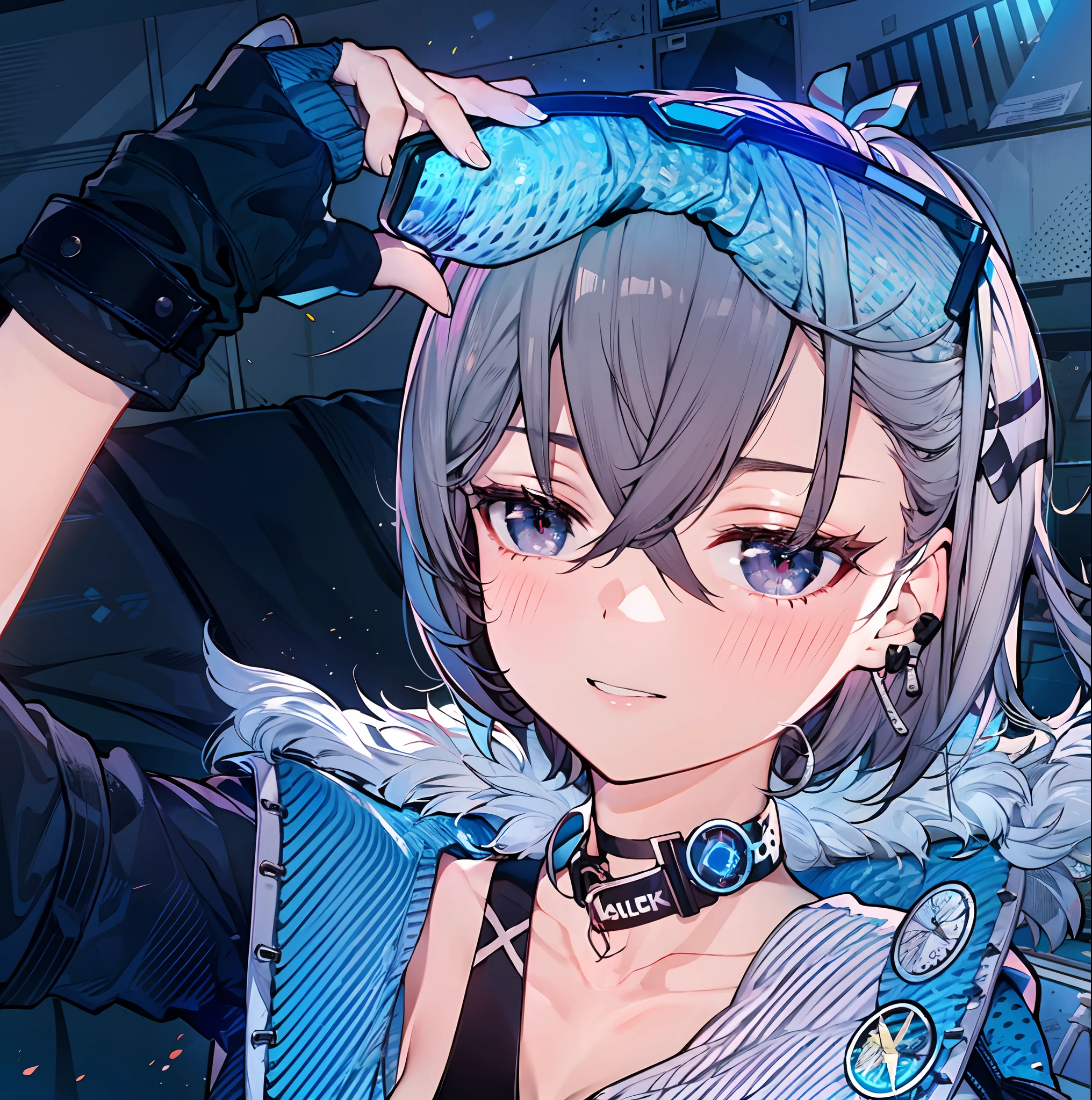 (masterpiece:1.2), (pale skin:1.2), (solo:1.2), (female:1.1), (emphasis lines:1.3), silverhair, silver eyes, eyewear on hair, hair ribbon, ponytail, jacket, choker, collarbone