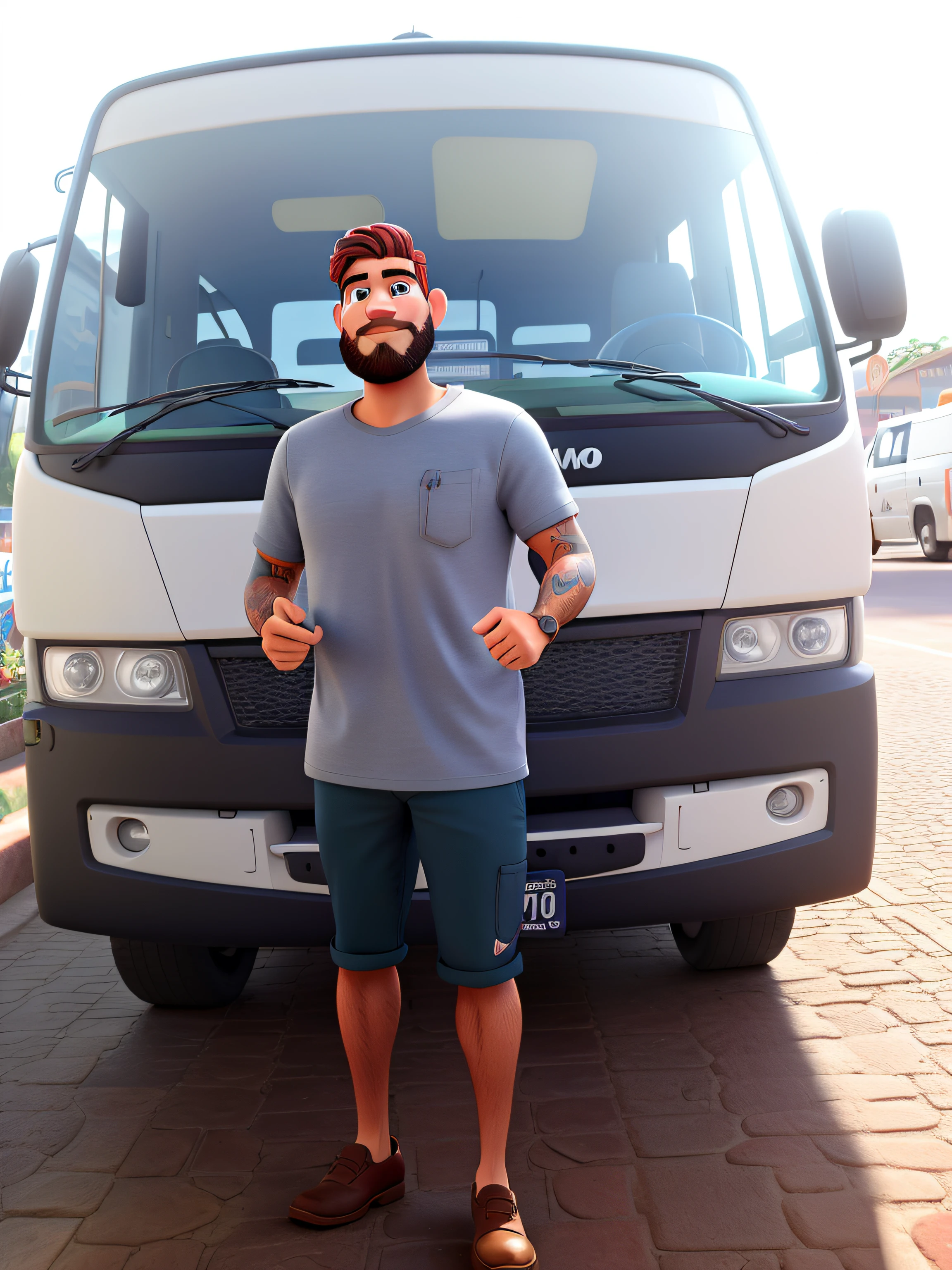 um homem moreno de barba, calvo na frente de um onibus, estilo disney pixar, alta qualidade, melhor qualidade