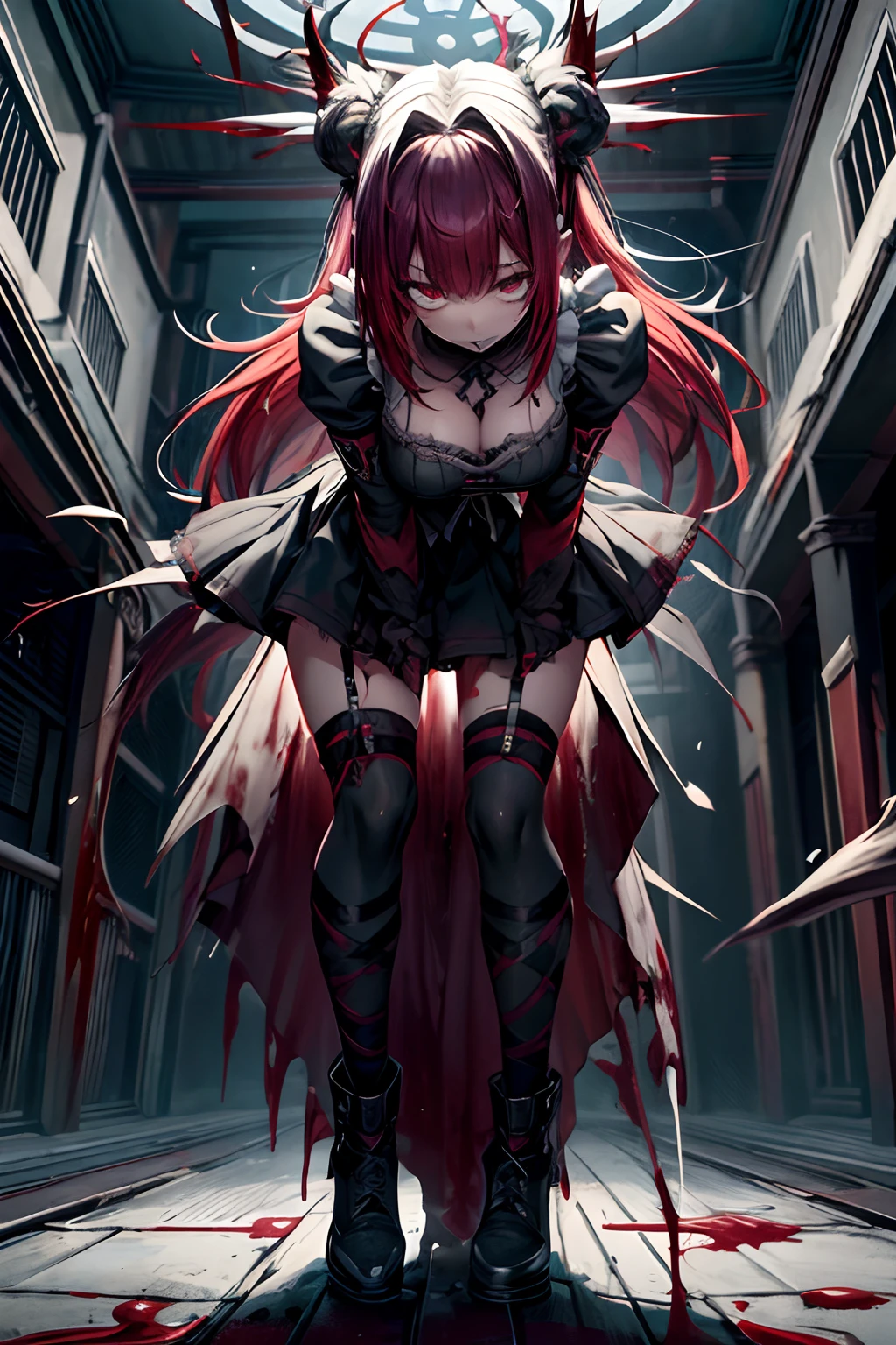 from below、horor、in isekai、Dynamic、Acrobatic、full body Esbian、crosses、Goth Punk、Longhaire、Twin-tailed、dishevled hair、long、Blunt bangs、Ahegao ( Silly / Sexual ecstasy)、dead body、Blood everywhere、blood splashing、dark hue、Red hue、maid、Green hair、