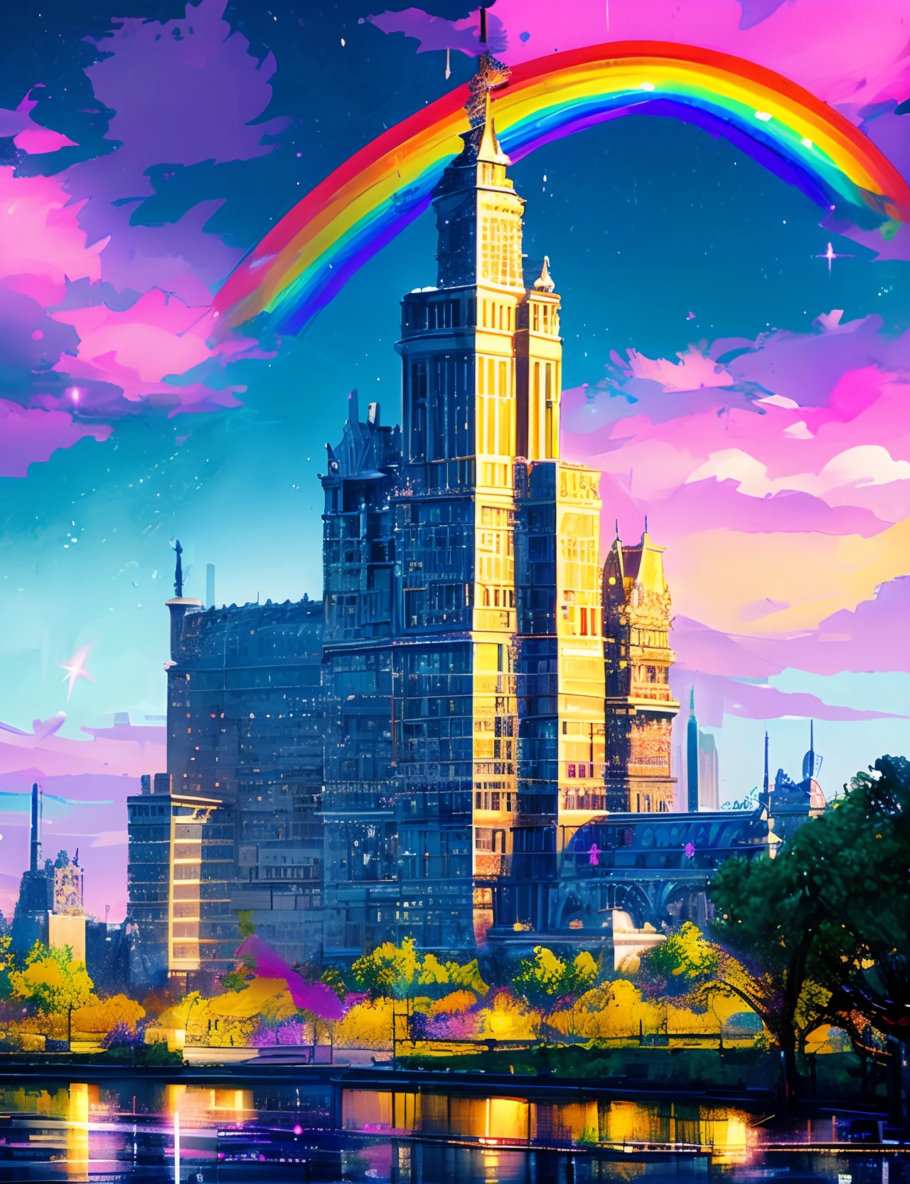 Metropolitan metropolis、Colorful Metropolitan Museum of Art、River painting with stars and moon in rainbow sky、the met、Shining skyscrapers、Shine across the board、Skyscrapers、Concept art inspired by Mitsuoki Tosa、pixiv contest winners、top-quality、Fantasyart、beautiful anime scene、Bright moon、Moonlit star environment、Dream painting、Anime Background Art、Fantasy landscape art、fantasy knight、anime backgrounds、background artwork、Fantastic art、atmospheric anime、starrysky、Detail has been enhanced。