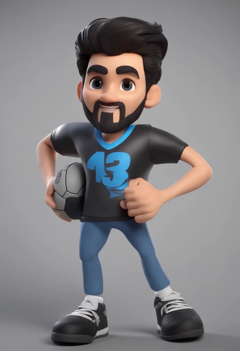 Cartoon character of a Man with short black hair, with brown eyes, drawn beard, blue t-shirt with a volleyball design, wearing jeans and black and white nike dunk sneakers and holding a microphone in his hand, animation character, Caractere estilizado, animation style rendering, 3D estilizado, Arnold Maya render, 3 d render stylized, toon render keyshot, Personagem 3D, Personagem 3D, 3d rendering stylized, 3 d character render, personagem de desenho animado, Personagem de close up, Pose de personagem, (Estilo Pixar) (master part:1.2) (Bokeh) (best quality) (pele detalhada) (textura detalhada) (8k) (argila) (Cinematic lighting) (foco nítido