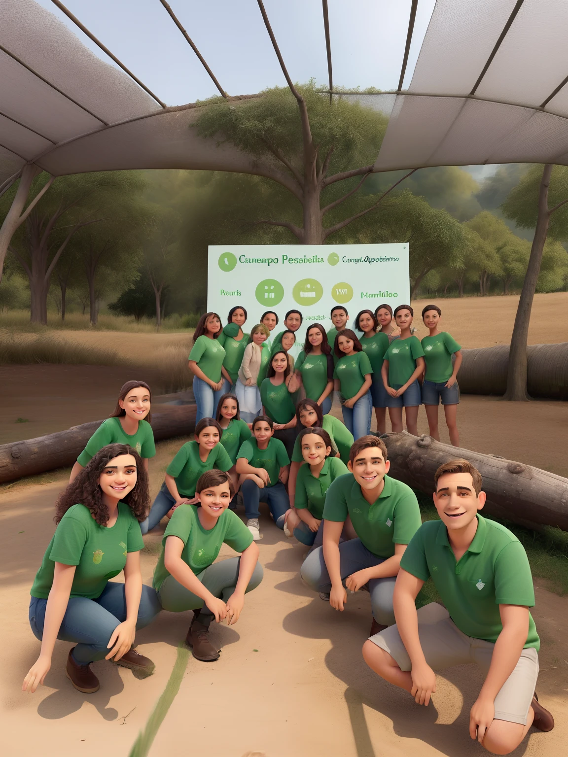 Grupo de pessoas com camisas verdes posando para uma foto, alta qualidade melhor qualidade, Smiling expression, tree background