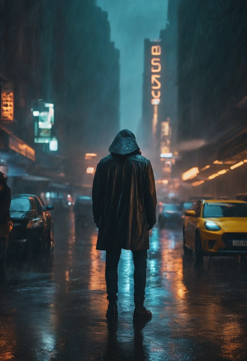 homem forte, com face triste, In the rain looking like a modified hero in a cyberpunk-style city, alta resolução, 3d,hd