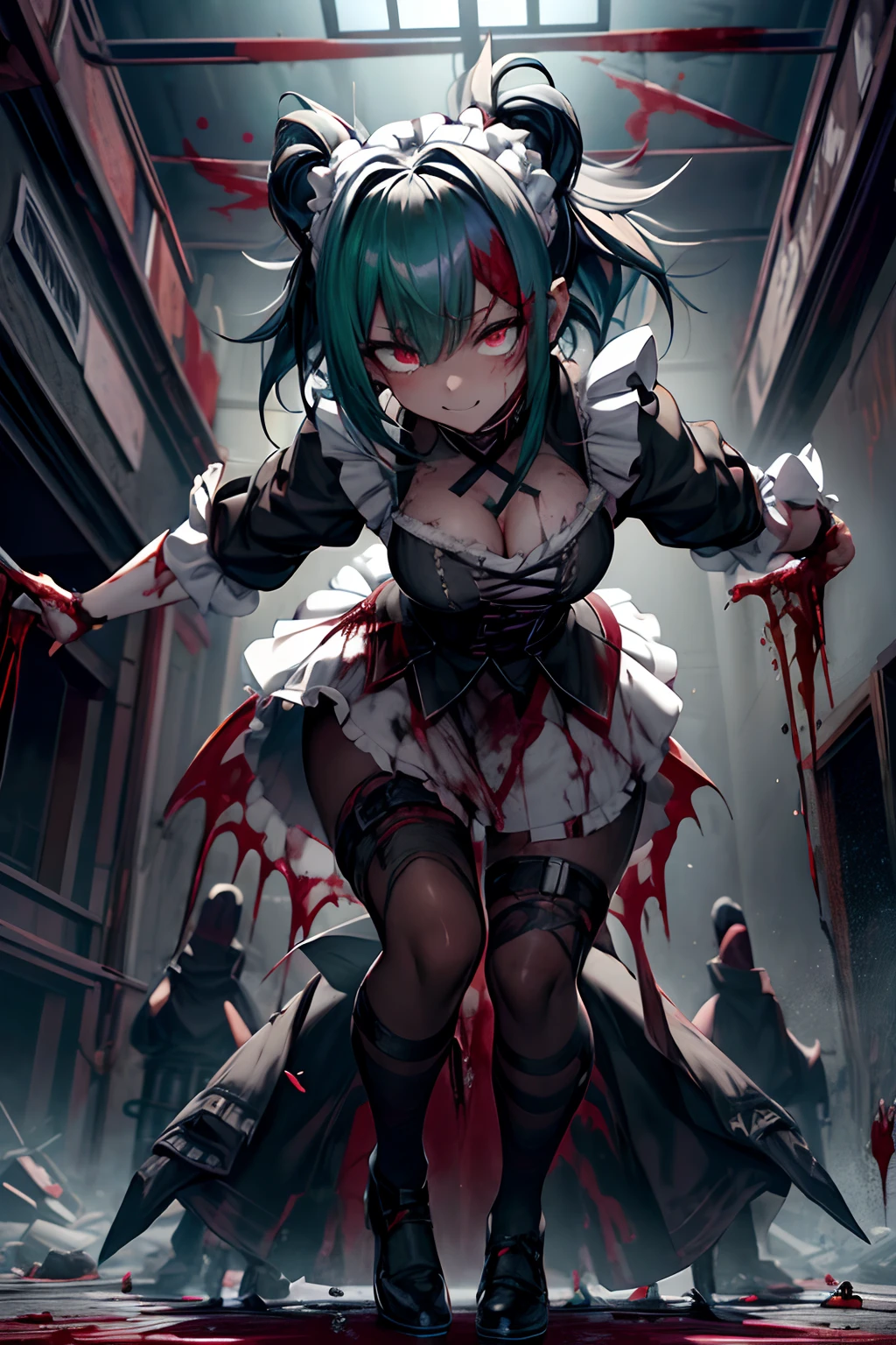 From below、horor、in isekai、Dynamic、Acrobatic、full body Esbian、crosses、Goth Punk、Longhaire、Twin-tailed、dishevled hair、long、Blunt bangs、Ahegao ( Silly / Sexual ecstasy)、dead body、Blood everywhere、blood splashing、dark hue、Red hue、maid、Green hair、