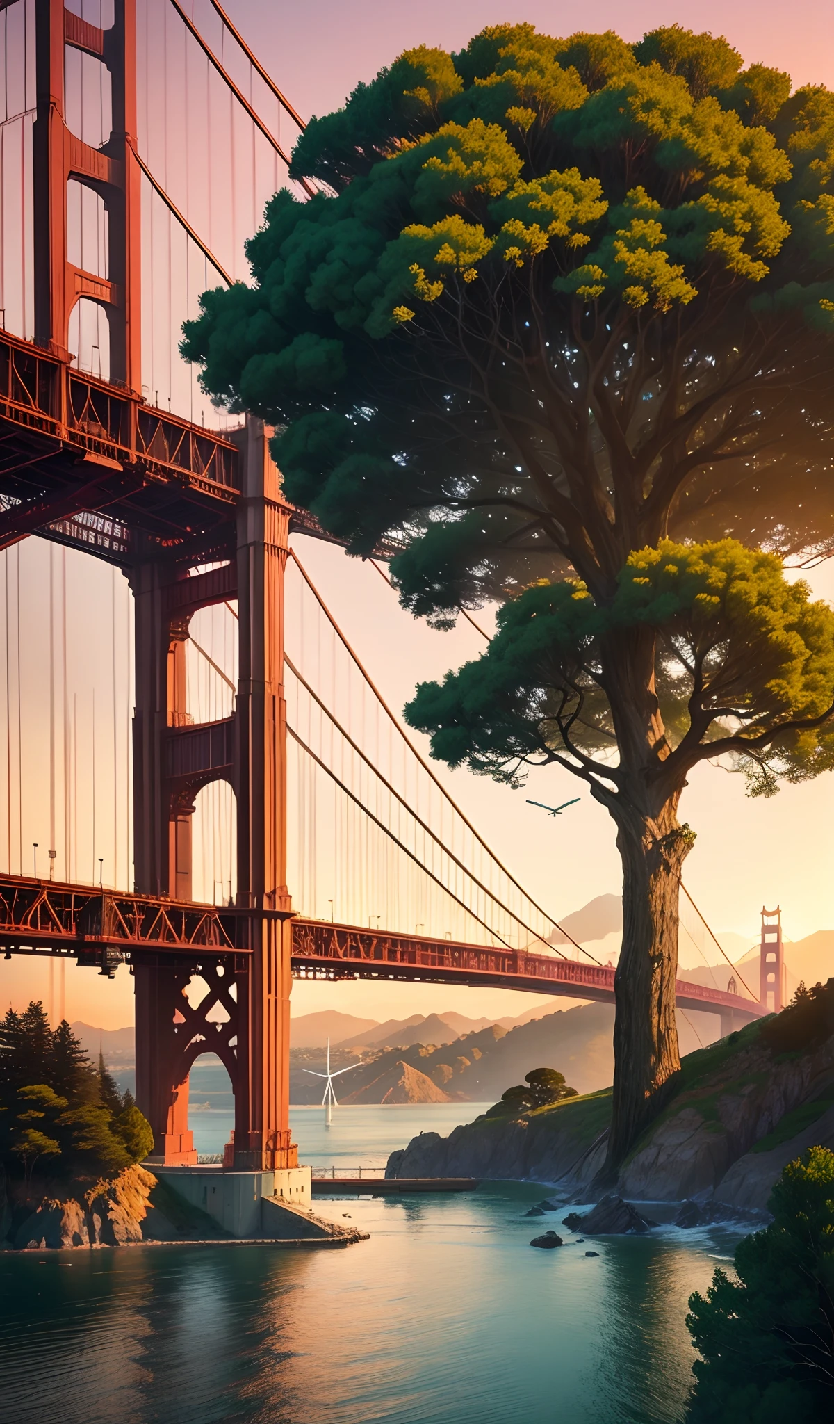 Solarpunk style, san Francisco, flying Zeppelins, golden gate Bridge, wind energy generators, glowing green trees, sunset, water wheel energy generators, airships, art deco san Francisco, Ecobrutslist architecture, evening
