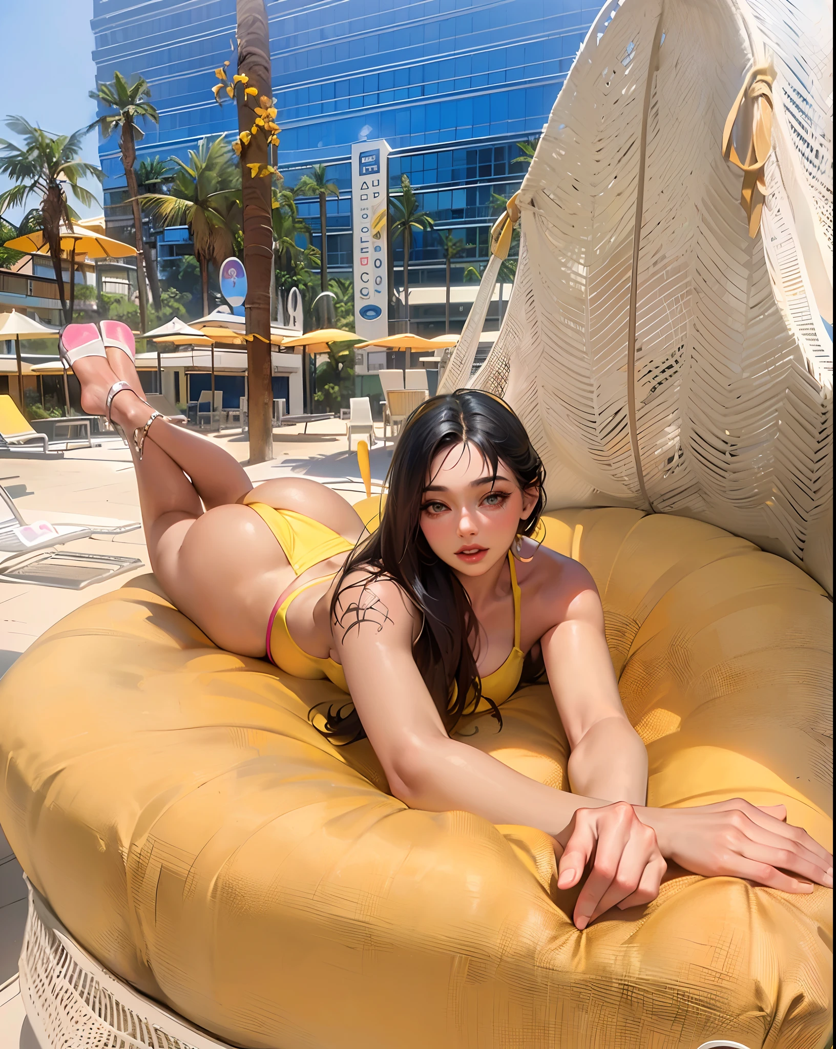 araffe woman in a yellow bikini laying on a tan couch, in a yellow bikini, in yellow bikini, violet myers, in a sun lounger, laying down, demi rose, next to a pool, laying on her back, 21 years old, she's on my bed in bikini, 3 0 years old woman, 30 years old woman