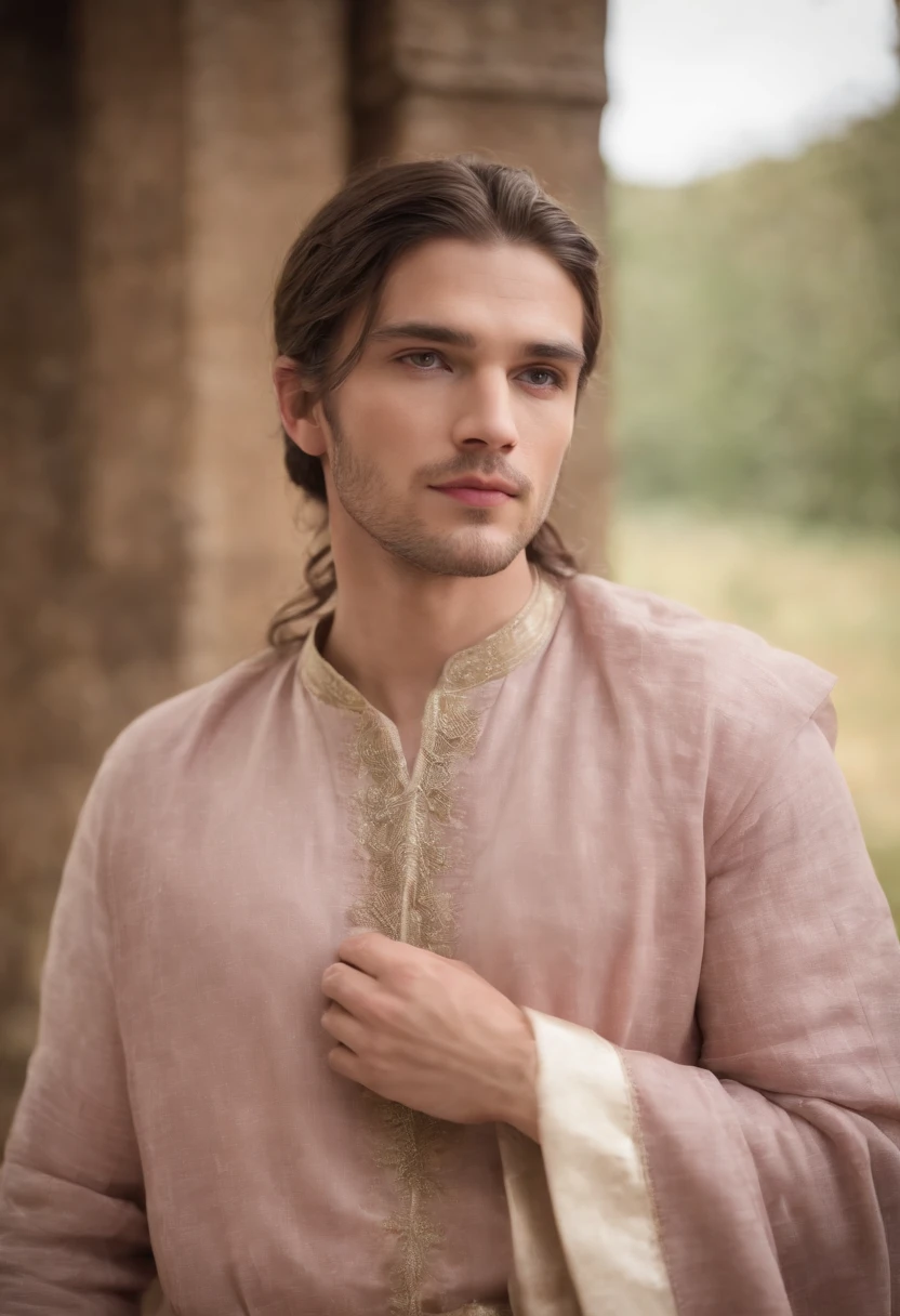 Homem em torno de , cabelos rosa escuro, olhos castanhos, terno elegante, Robust and gracile, Beautiful, luz de velas em um ambiente medieval, Ultra sharp focus, tiro realista, roupas masculinas medievais, cores tetradicas (cicatriz:1.4)