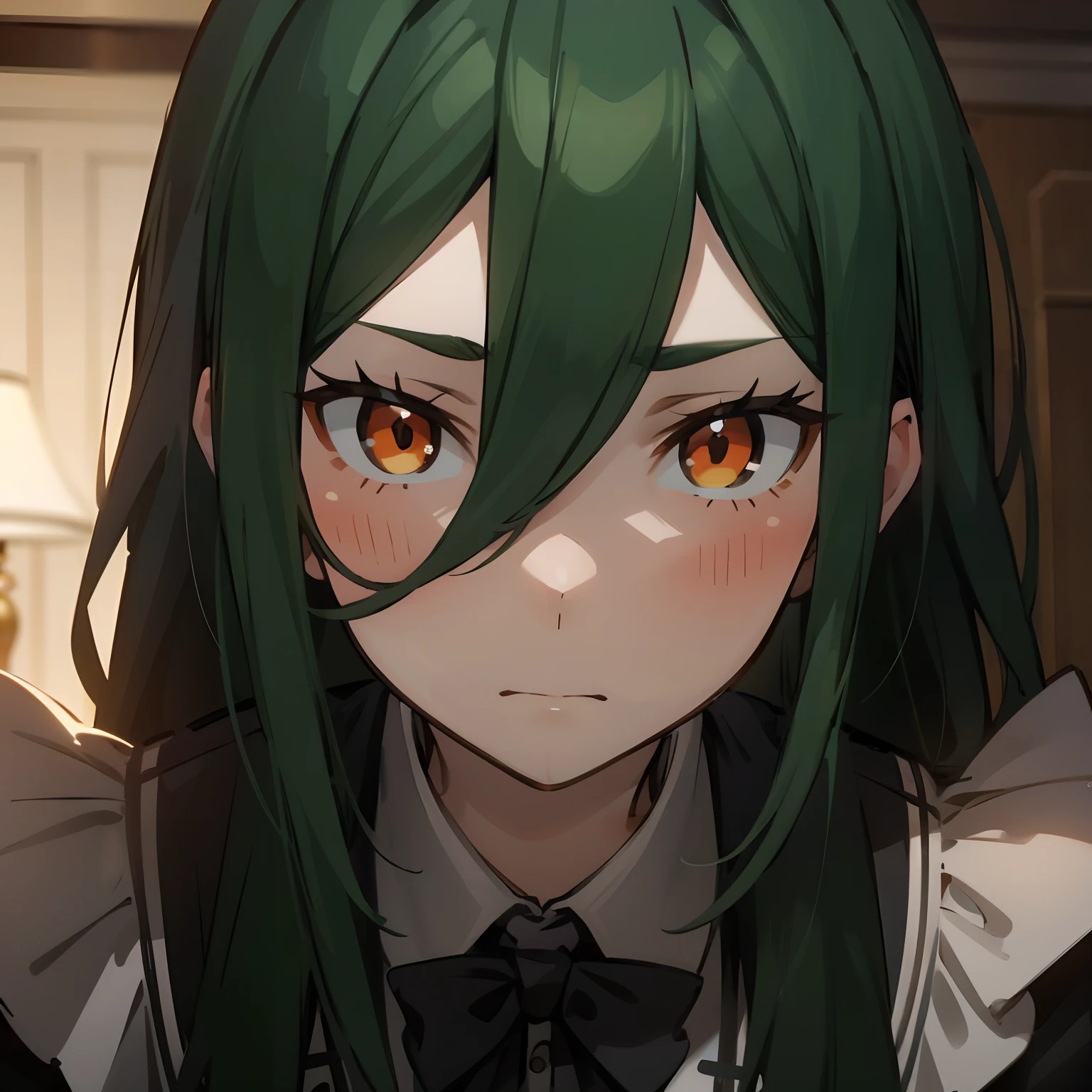 beautiful, masterpiece, best quality, extremely detailed face, perfect lighting, long hair,green hair,hair between eyes,bangs,very long hair, orange eyes,1girl, maid