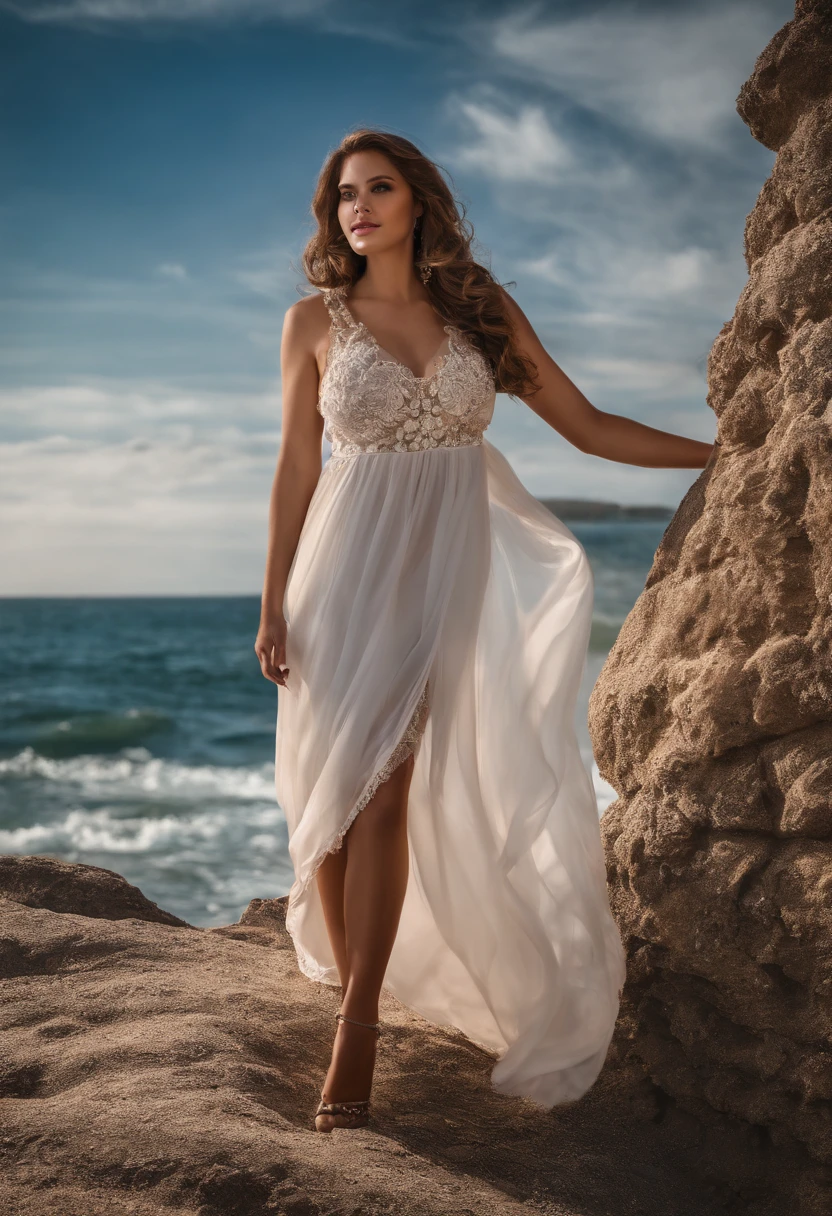 Description of ancient Greek mythology,Colorful clouds fill the entire sky,Venus, the Greek goddess dressed in Kramis beige veil, stands naked and light on the skyline sea,Long flowing light blonde hair,Expose the collarbone shoulders,Barefoot,Perfect and exquisite facial features,The sea is misty,Ultra high quality,Highly realistic,8K分辨率,full body shot shot,,natural soft light,It's like a Victorian oil painting,high detal,