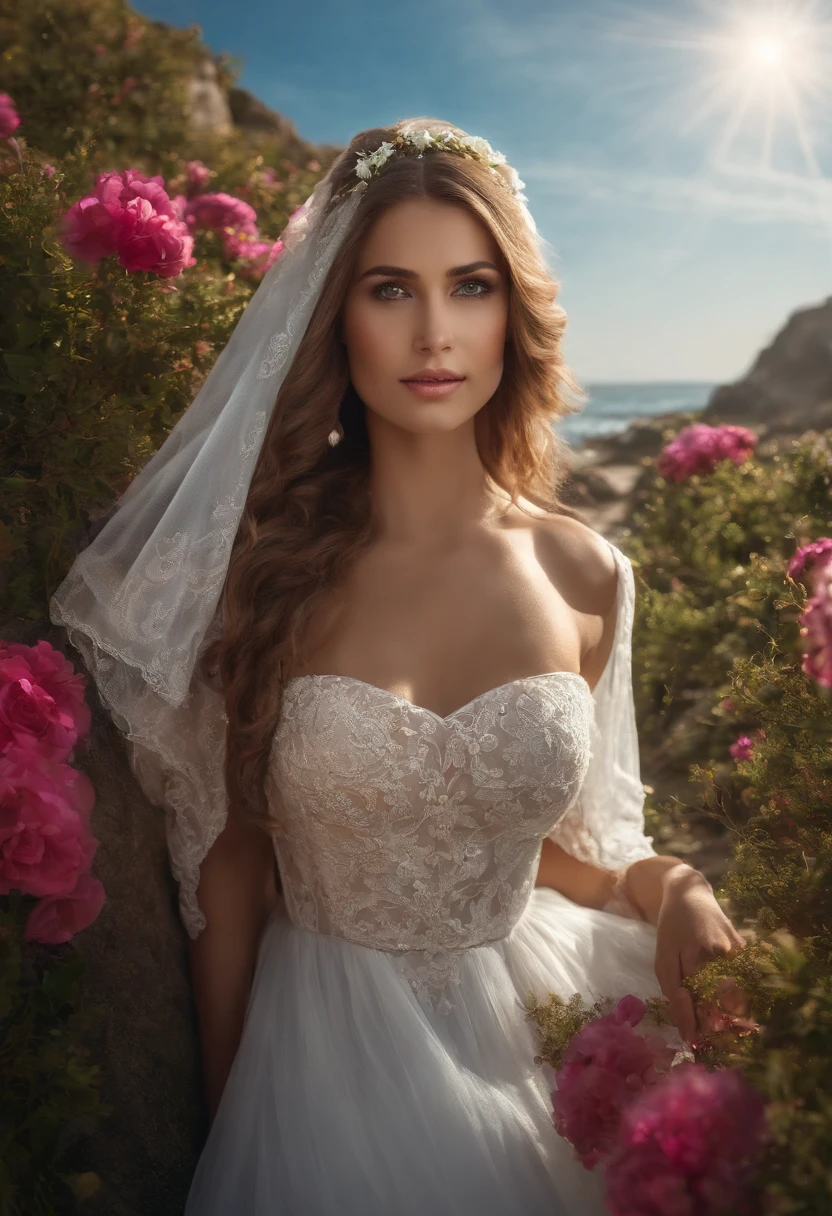 Garota gostosa delicada e bela arte CG),(best quality, ultra-detalhado, high resolution),(Dynamic angle, dynamic lighting),(1 personagem),(longos cabelos rosa e loiros), olhos azuis, beautiful face), 1 girl, (costeletas longas, vegetation, sorrir, vestido azul longo, 3D, oceano, water, bola de praia, conchas marinhas, ensolarado, ventoso