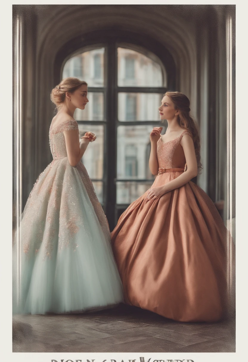 The picture should be 4K HD、Two beautiful and cute 14-year-old girls of the same height、The details of the face are exquisite、Dress up as Elsa and Anna from Frozen、In the Disney Castle、Flowers、Do not show hands