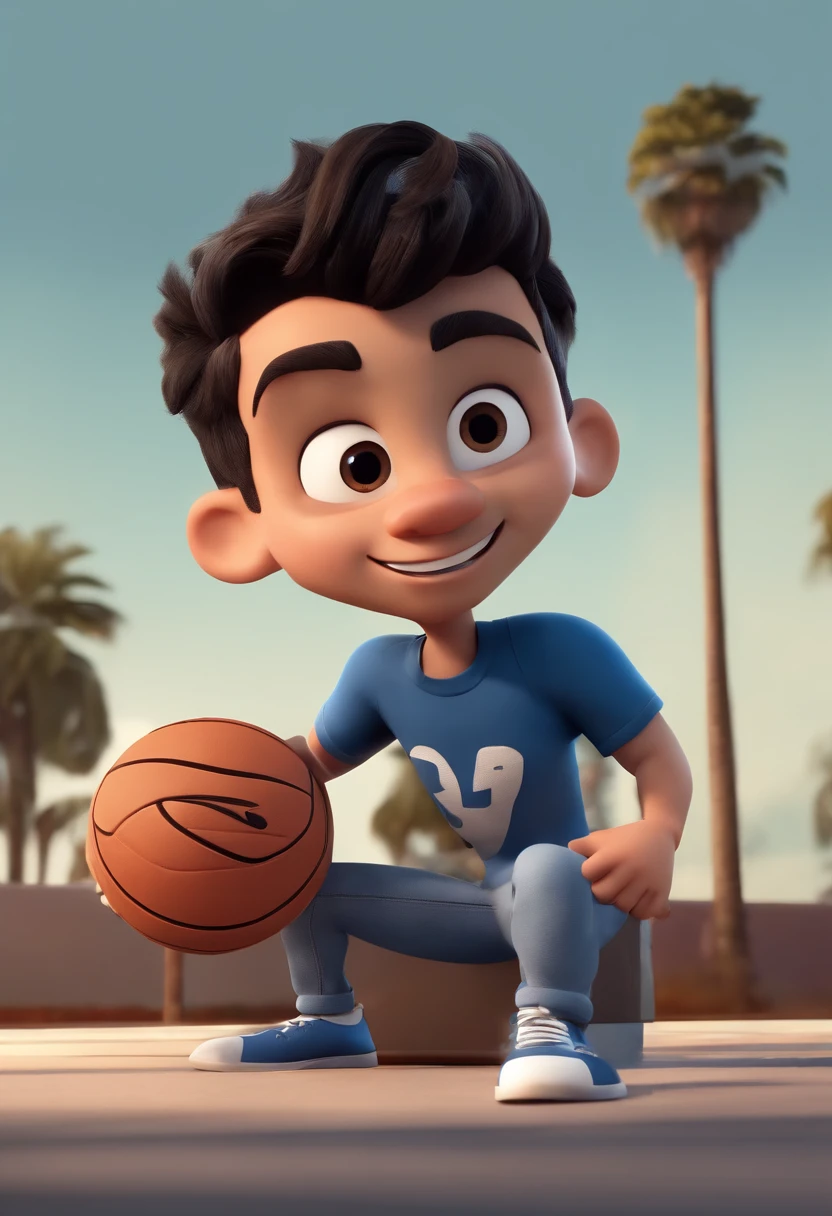 Cartoon character of a Man with short black hair, with brown eyes, drawn beard, blue t-shirt with a volleyball design, wearing jeans and black and white nike dunk sneakers and holding a microphone in his hand, animation character, Caractere estilizado, animation style rendering, 3D estilizado, Arnold Maya render, 3 d render stylized, toon render keyshot, Personagem 3D, Personagem 3D, 3d rendering stylized, 3d character render, personagem de desenho animado, Personagem de close up, Pose de personagem, (Estilo Pixar) (master part:1.2) (Bokeh) (best quality) (pele detalhada) (textura detalhada) (8k) (argila) (Cinematic lighting) (foco nítido