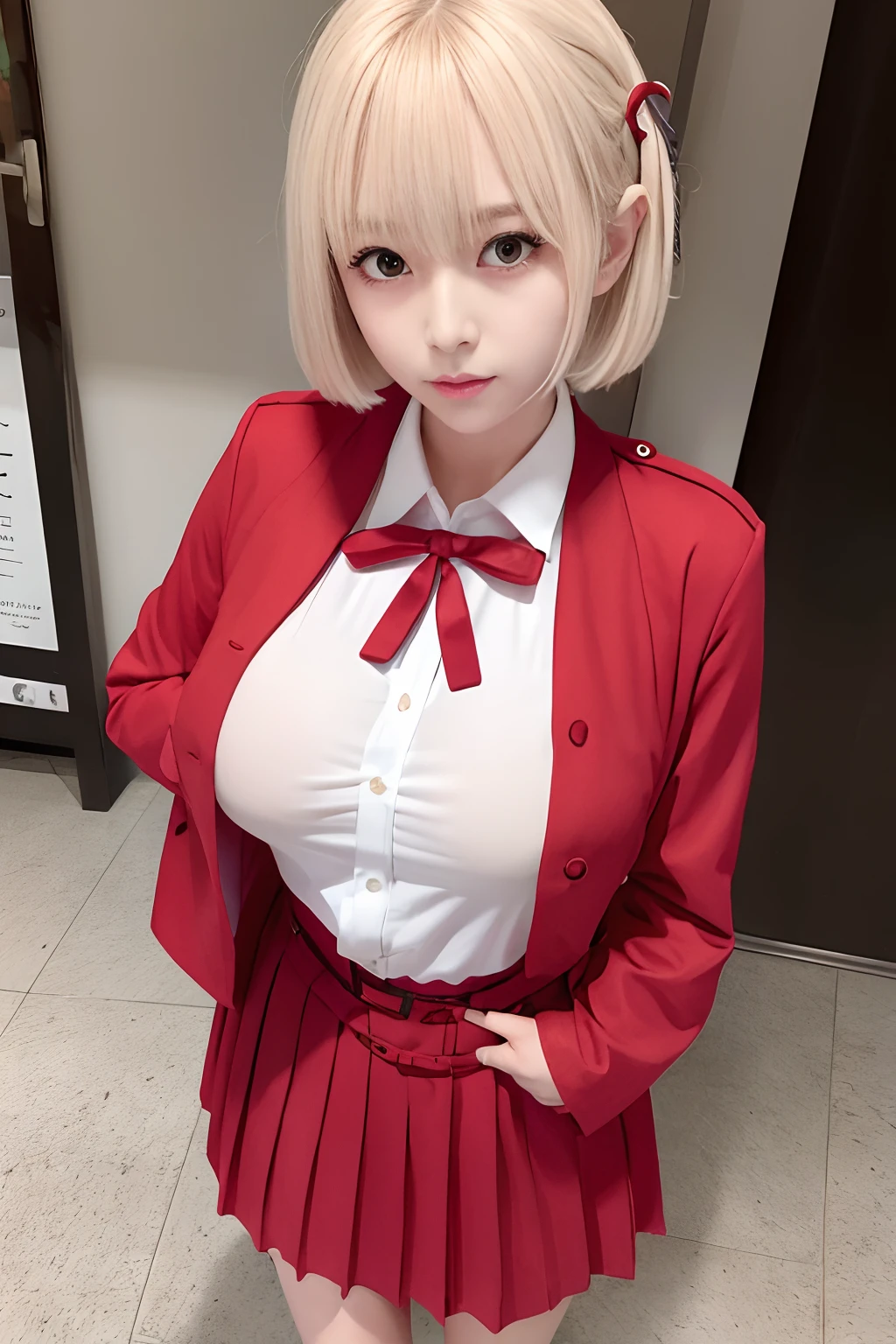 1girl, (ulzzang-6500-v1.1:0.725),(Breast:1.5), nishikigi chisato, short hair, bangs, large breast, blonde hair, (red eyes:1.5), shirt, long sleeves, dress, ribbon, white shirt, collared shirt, belt, neck ribbon, red dress, blue ribbon, pleated dress, grey dress, two-tone dress, red belt, lycoris uniform,