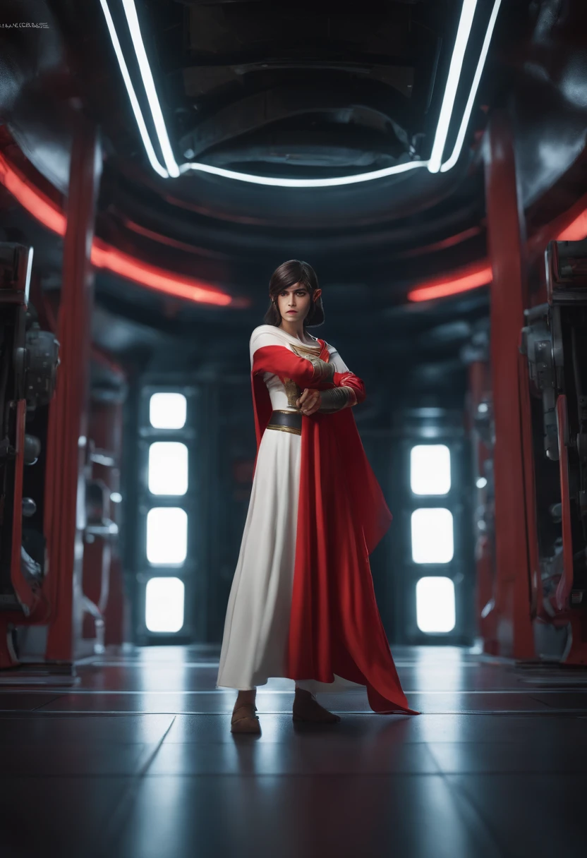 Full body shot of Princess Zelda, Black hair, Red Eyes, Dressed as Ray Skywalker, 20 years old, teens girl, XL Bust, Hold one red lightsaber with one hand, Wearing a black cape with red details, Fighting, in a fighting stance, Background: Inside the Death Star space station, unreal enginee 5, Anime, Anime style, masutepiece, well-drawn eyes, Well-drawn face, well detailed eyes, Well detailed face, 8K, 光影效果.