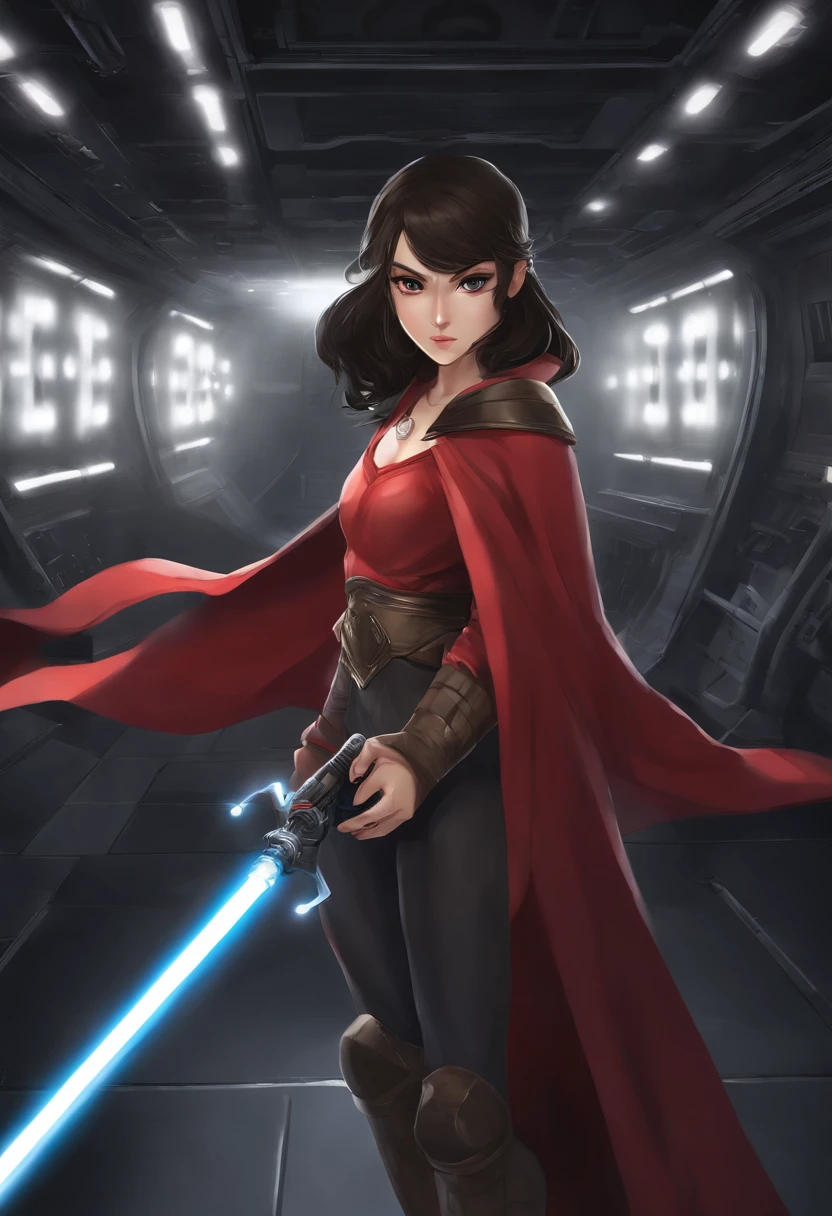 Full body shot of Princess Zelda, Black hair, Red Eyes, Dressed as Ray Skywalker, 20 years old, s girl, XL Bust, Hold one red lightsaber with one hand, Wearing a black cape with red details, Fighting, in a fighting stance, Background: Inside the Death Star space station, unreal enginee 5, Anime, Anime style, masutepiece, well-drawn eyes, Well-drawn face, well detailed eyes, Well detailed face, 8K, 光影效果.