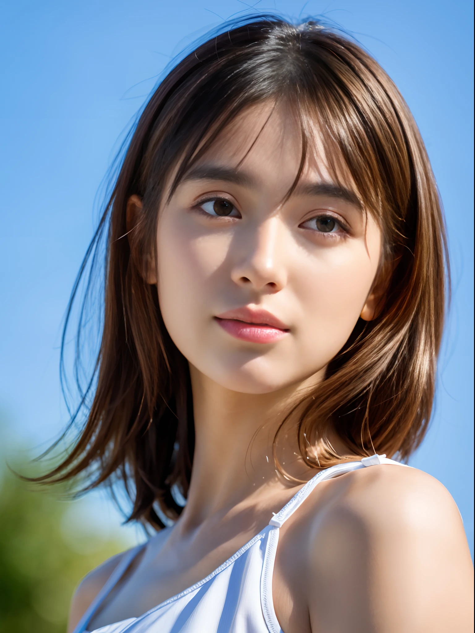 A close up of a woman with a white tank top on - SeaArt AI