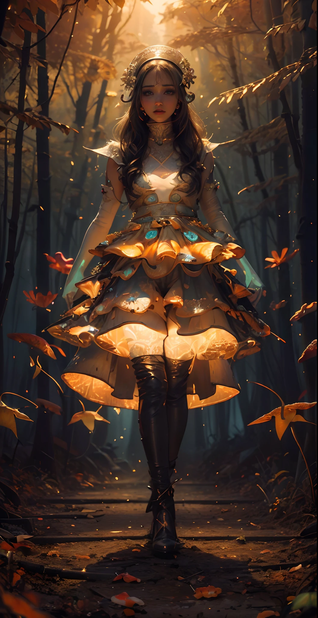 ((best quality)), ((masterpiece)), ((realistic)), (detailed), reflective luminous white:1.5, texture glossy orange:1.3, 1beautiful young woman with sticky jumpsuit (cameltoe), sexy, top to bottom photo, lots of glow neon mushrooms, mandalas, cinematic, sharp, ray tracing, brightness, luminosity