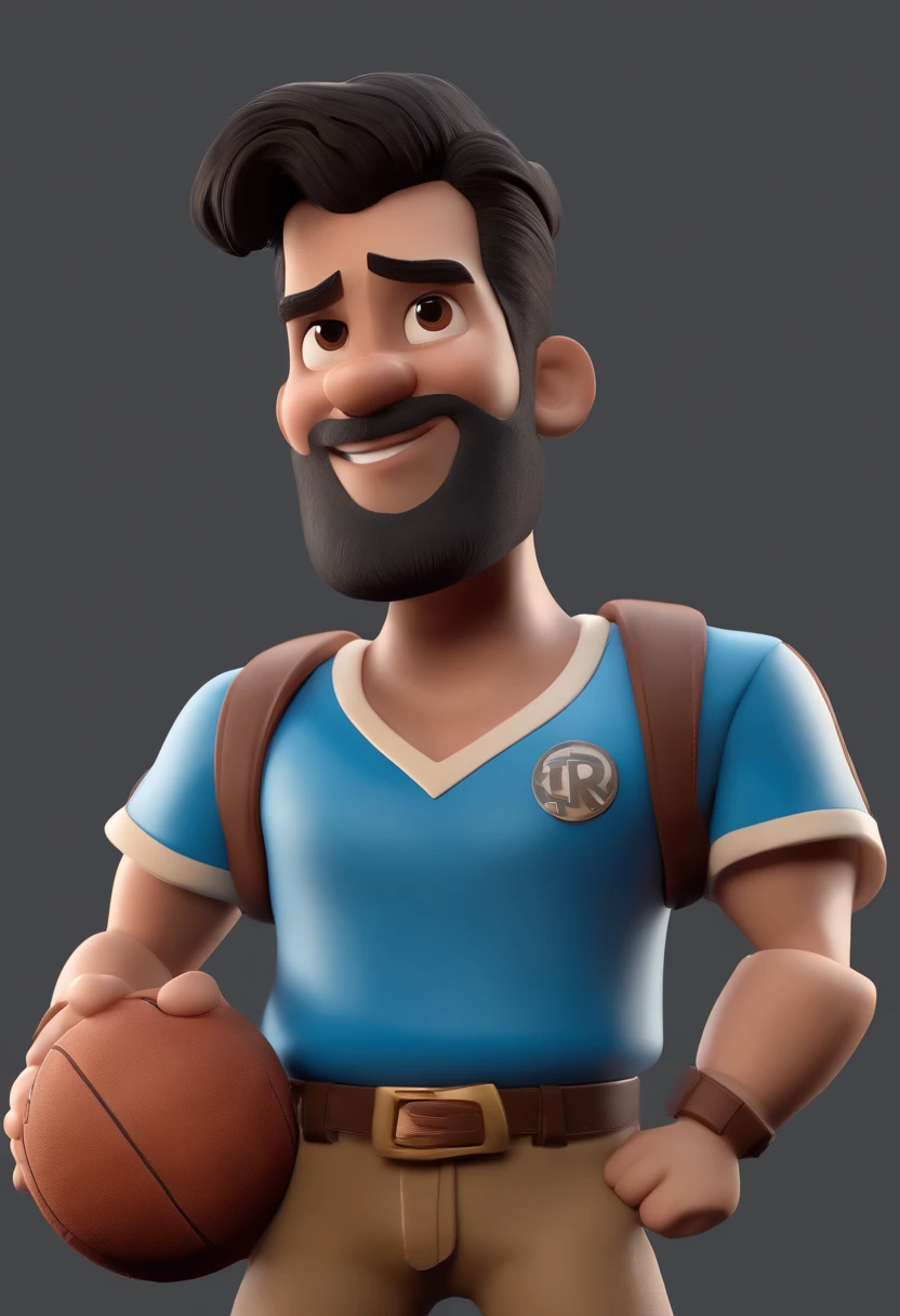 Cartoon character of a Man with short black hair, with brown eyes, drawn beard, blue t-shirt with a volleyball design, wearing jeans and black and white nike dunk sneakers and holding a microphone in his hand, animation character, Caractere estilizado, animation style rendering, 3D estilizado, Arnold Maya render, 3 d render stylized, toon render keyshot, Personagem 3D, Personagem 3D, 3d rendering stylized, 3d character render, personagem de desenho animado, Personagem de close up, Pose de personagem, (Estilo Pixar) (master part:1.2) (Bokeh) (best quality) (pele detalhada) (textura detalhada) (8k) (argila) (Cinematic lighting) (foco nítido