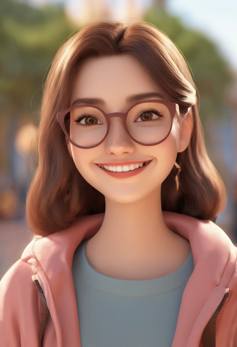 ****** sorridente Ilustrador, Sorriso timido, Fair-skinned teenage girl with a shy smile, and round glasses, cabelo lisos marrom, Cabelos Lisos castanhos, Happy smiling cute at camera, sorriso fofo, she is happy, smile shy, shy girl, Foto de perfil do headshot, rindo sorriso enorme, desenhando no estilo de Arte 3D, c4d, fundo de um parque, Estilo Disney, estilo pixar render ilustracao Super Detalhe, 8k