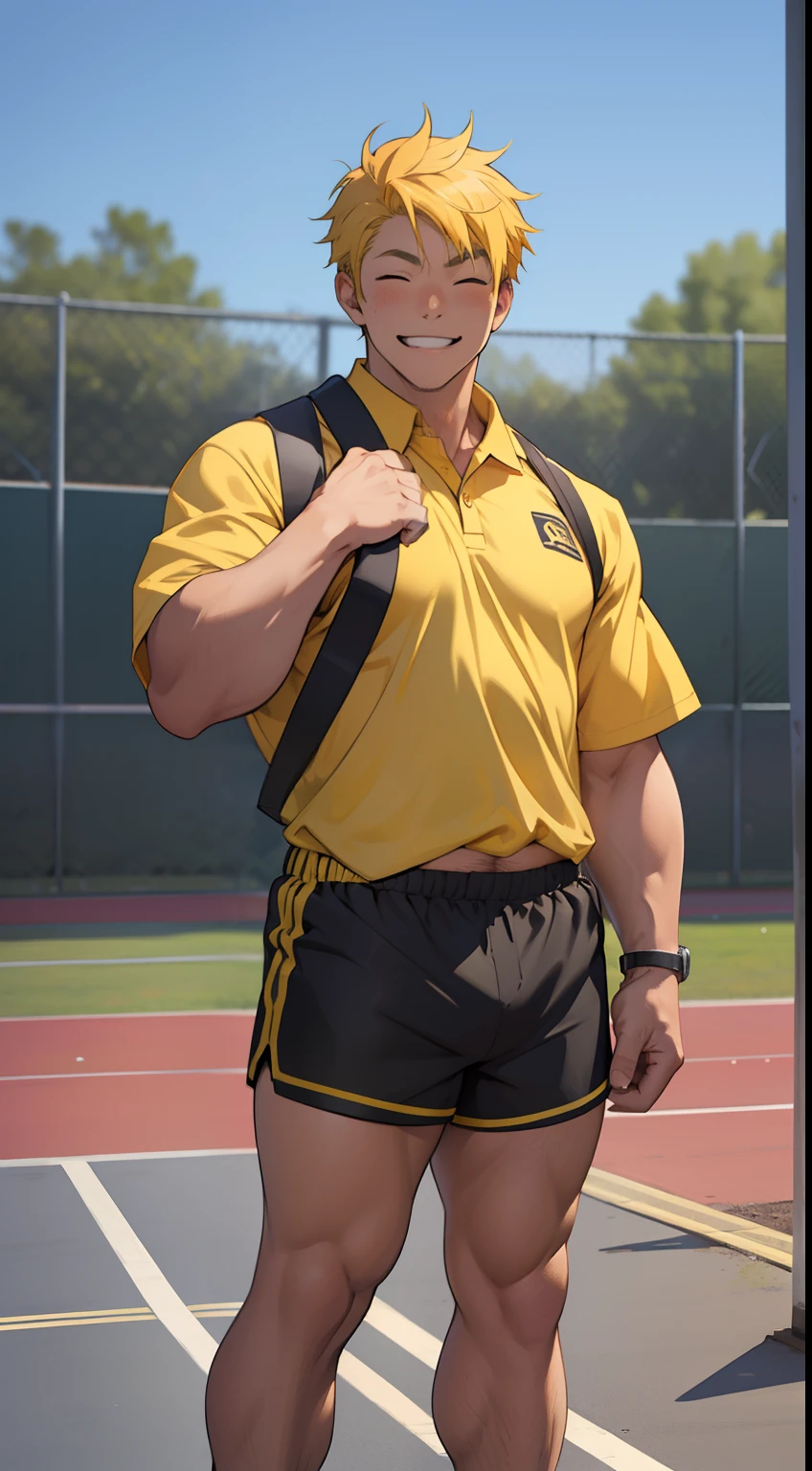 1man,full body, naofumi iwatani, yellow hair, closed eyes, smiling, (chubby:0.9), sports (((teacher))), wearing black (((tiny shorts))), bulge, school yard background
