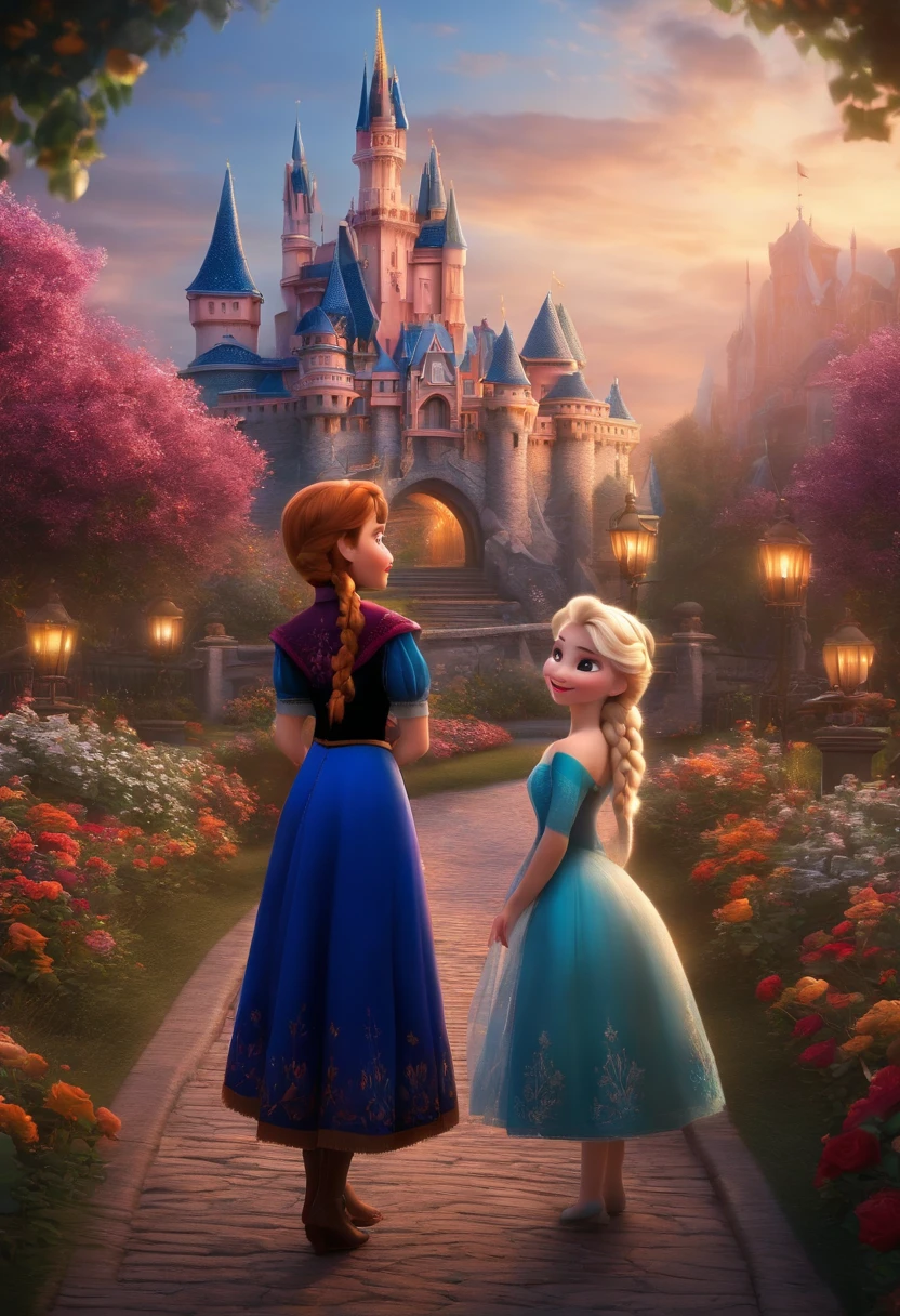 The picture should be 4K HD、Two beautiful and cute 14-year-old girls of the same height、The details of the face are exquisite、Dress up as Elsa and Anna from Frozen、Behind him is Disney Castle、the night、Flowers、Do not show hands