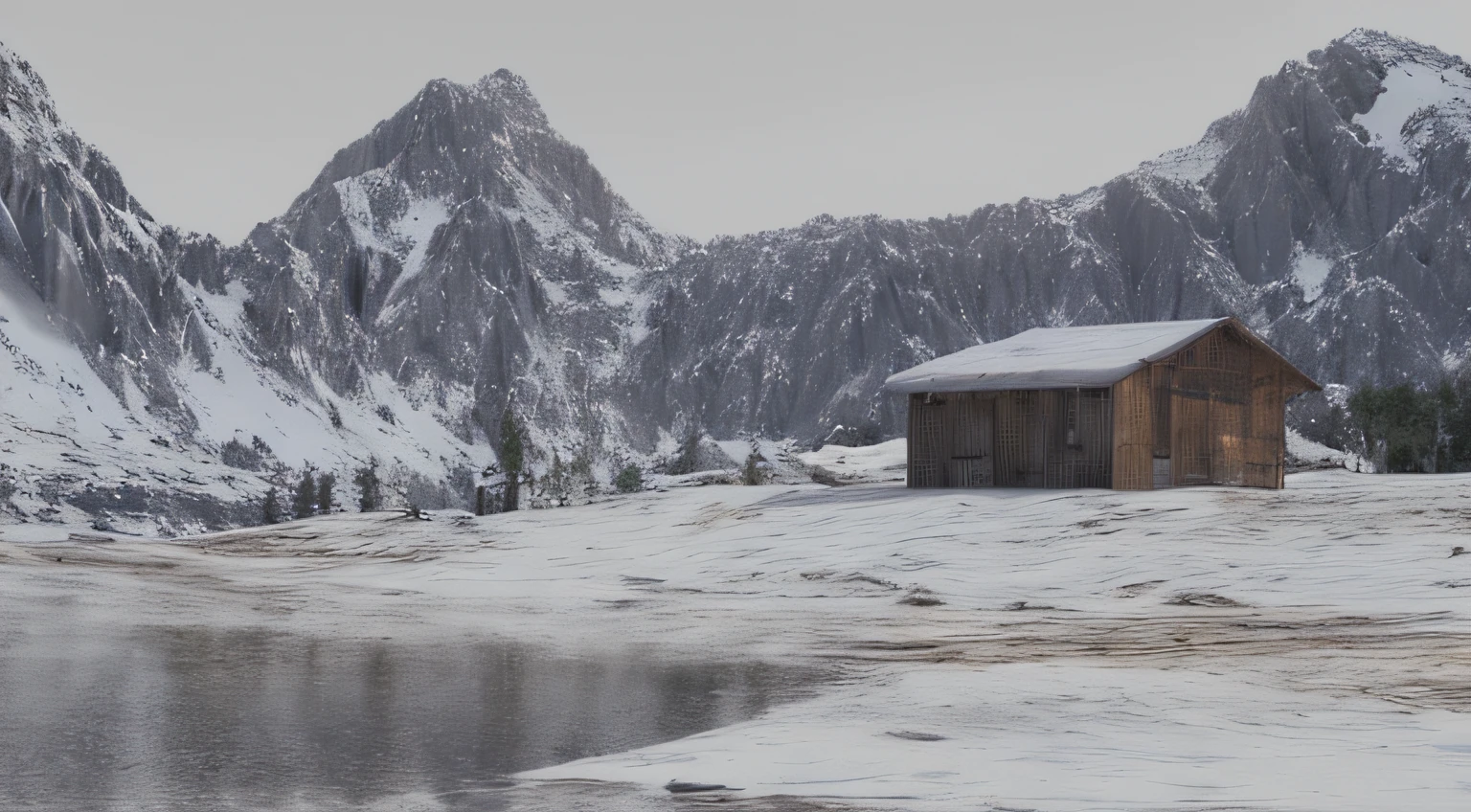 Snowy mountain with a small hut in the foreground, rendered in unreal 5, With a snowy mountain and ice, Beautiful visualization of the landscape, Snowy mountain landscape, snow mountain, Matte painting with 3D rendering, rendered in Enscape, Rendered in Cryengine, Рендеринг в Unreal Engine 3D, in the snow mountains, 3D rendering and matte painting, Wooden hut in the distance