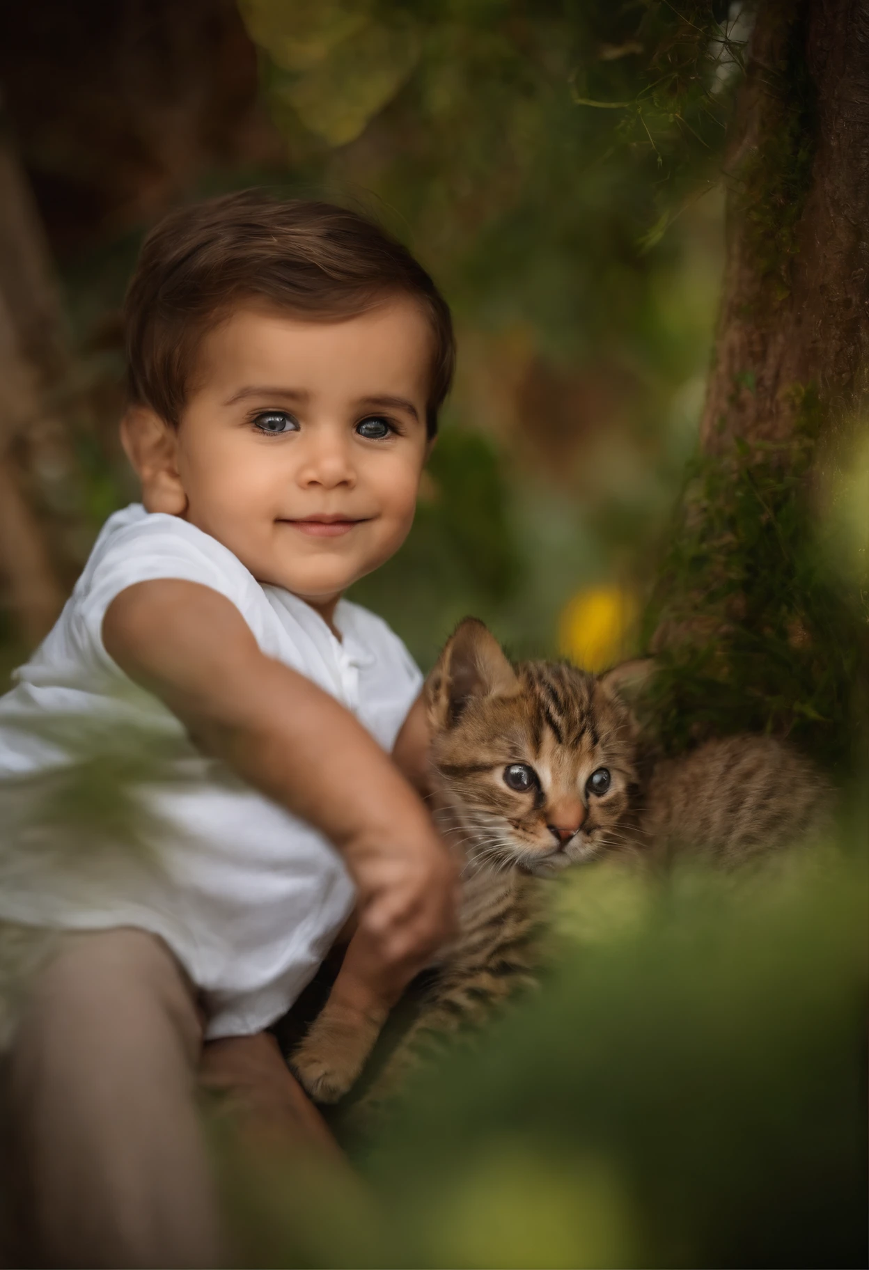 menino: Miguel, aproximadamente 5 anos de idade, cabelo curto estilo Disney, olhos castanhos e sorrisos. garota: Giovana, 2 anos, longos cabelos pretos e olhos azuis. scenecy: Miguel and Giovana are in a cozy little house in the valley, ao fundo um dia ensolarado, Destacando o Sol.