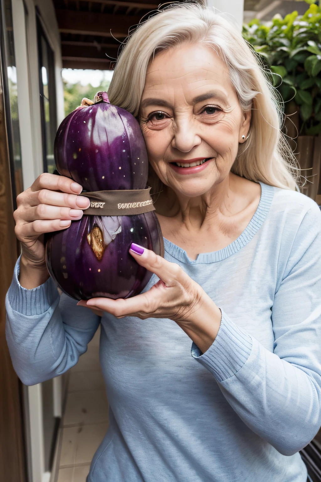 MULHER VELHINHA E MEIGA COM RUGAS VESTINDO ROUPAS CASUAIS DO DIA A DIA. ELDERLY WOMAN WITH EXPRESSION OF EXTREME HAPPINESS. OLHANDO PRA FRENTE. IN HER HANDS SHE HOLDS A BEAUTIFUL EGGPLANT