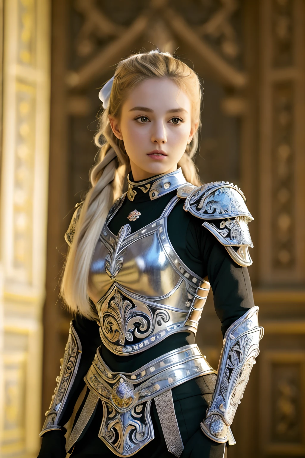 (8K, best quality:1.2), (masterpiece:1.37), (photo, photorealistic:1.37), (ultrahigh-res), full body, walking pose, shot from front, slow motion, female paladin wearing the full body, (light silver armour:1.2),(ornately decorated armor), (insanely detailed, bloom:1.5), (highest quality, Alessandro Casagrande, Greg Rutkowski, Sally Mann, concept art, 4k), (analog:1.2), (high sharpness), (detailed pupils:1.1), detailed face and eyes, Masterpiece, best quality, (highly detailed photo:1.1), (long blonde Hair, ponytail,ecstatic:1.1), (young woman:1.1), sharp, (perfect body:1.1), realistic, real shadow, 3d, (temple background:1.2), (by Michelangelo), photographed by Canan EOS R6, 135mm, 1/1250s, f/2.8, ISO 400
