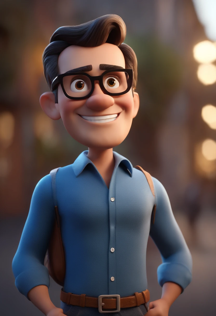 Cartoon character of a man with black glasses and a blue shirt, animation character, Caractere estilizado, animation style rendering, 3D estilizado, Arnold Maya render, 3 d render stylized, toon render keyshot, Personagem 3D, Personagem 3D, 3d rendering stylized, 3 d character render, personagem de desenho animado, Personagem de close up, Pose de personagem,  (Estilo Pixar) (master part:1.2) (Bokeh) (best quality) (pele detalhada) (textura detalhada) (8k) (argila) (Cinematic lighting) (foco nítido