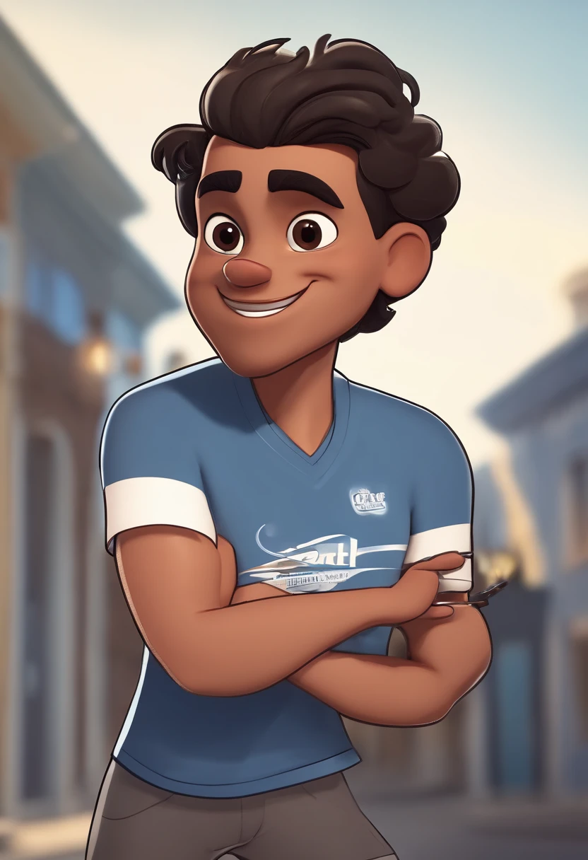Cartoon character of a Man with short black hair, with brown eyes, drawn beard, blue t-shirt with a volleyball design, wearing jeans and black and white nike dunk sneakers and holding a microphone in his hand and a mobile phone in other hand. animation character, Caractere estilizado, animation style rendering, 3D estilizado, Arnold Maya render, 3 d render stylized, toon render keyshot, Personagem 3D, Personagem 3D, 3d rendering stylized, 3d character render, personagem de desenho animado, Personagem de close up, Pose de personagem, (Estilo Pixar) (master part:1.2) (Bokeh) (best quality) (pele detalhada) (textura detalhada) (8k) (argila) (Cinematic lighting) (foco nítido