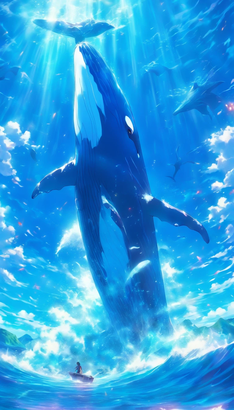 whales，over the sea，Faraway view，Blue-purple，dream magical，k hd ， Highly detailed watercolor 8K, highly detailed water colour 8 k，octane，the end，Realistic，8K，Estilo de Makoto Shinkai( reasonable design, 清晰的线条, High- sharpness,Best quality, Very detailed, Master parts, movie light effect, 4K )