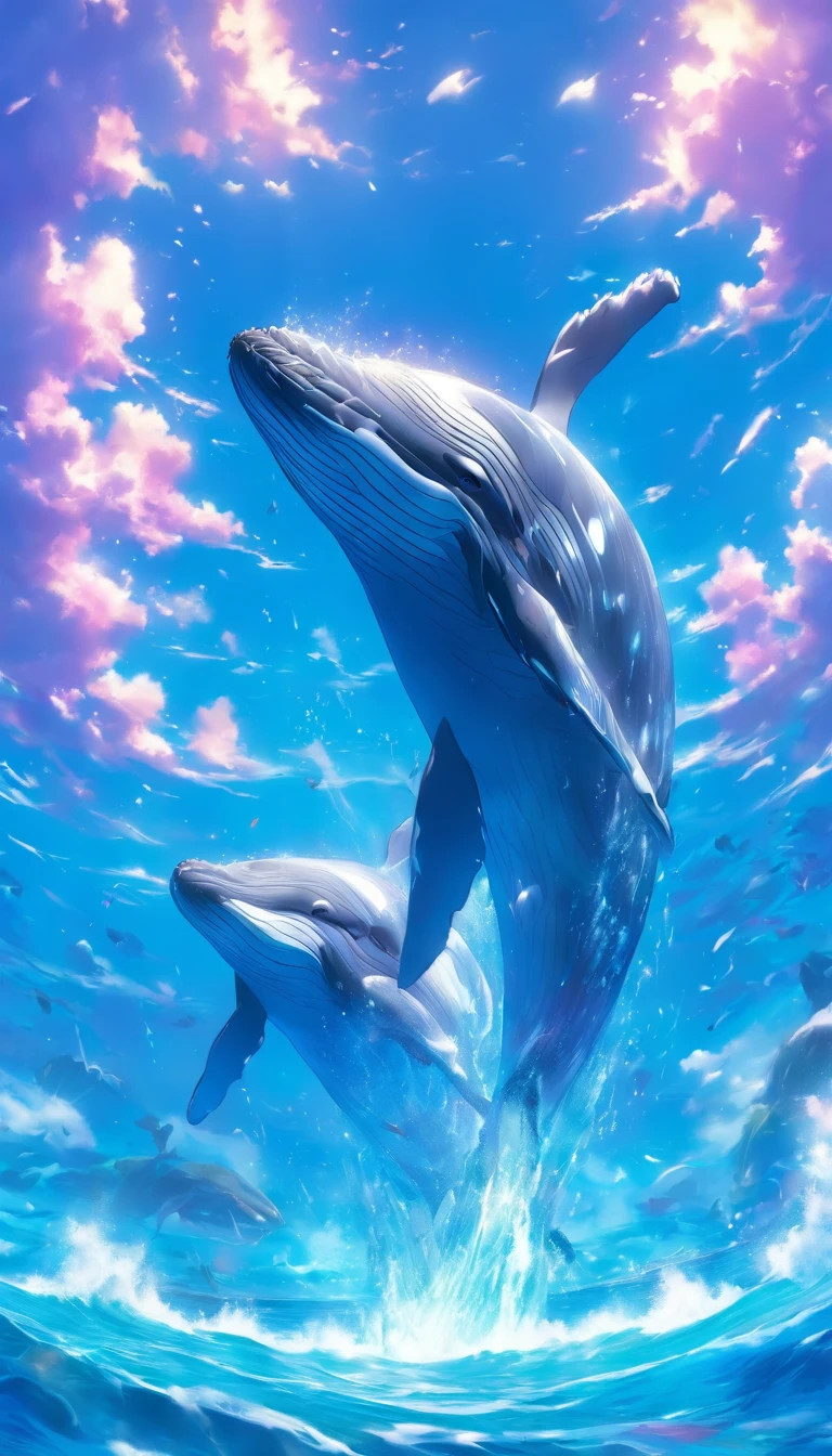 whales,over the sea,Faraway view,Blue-purple,dream magical,k hd , Highly detailed watercolor 8K, highly detailed water colour 8 k,octane,the end,Realistic,8K,Estilo de Makoto Shinkai( reasonable design, 清晰的线条, High- sharpness,Best quality, Very detailed, Master parts, movie light effect, 4K )