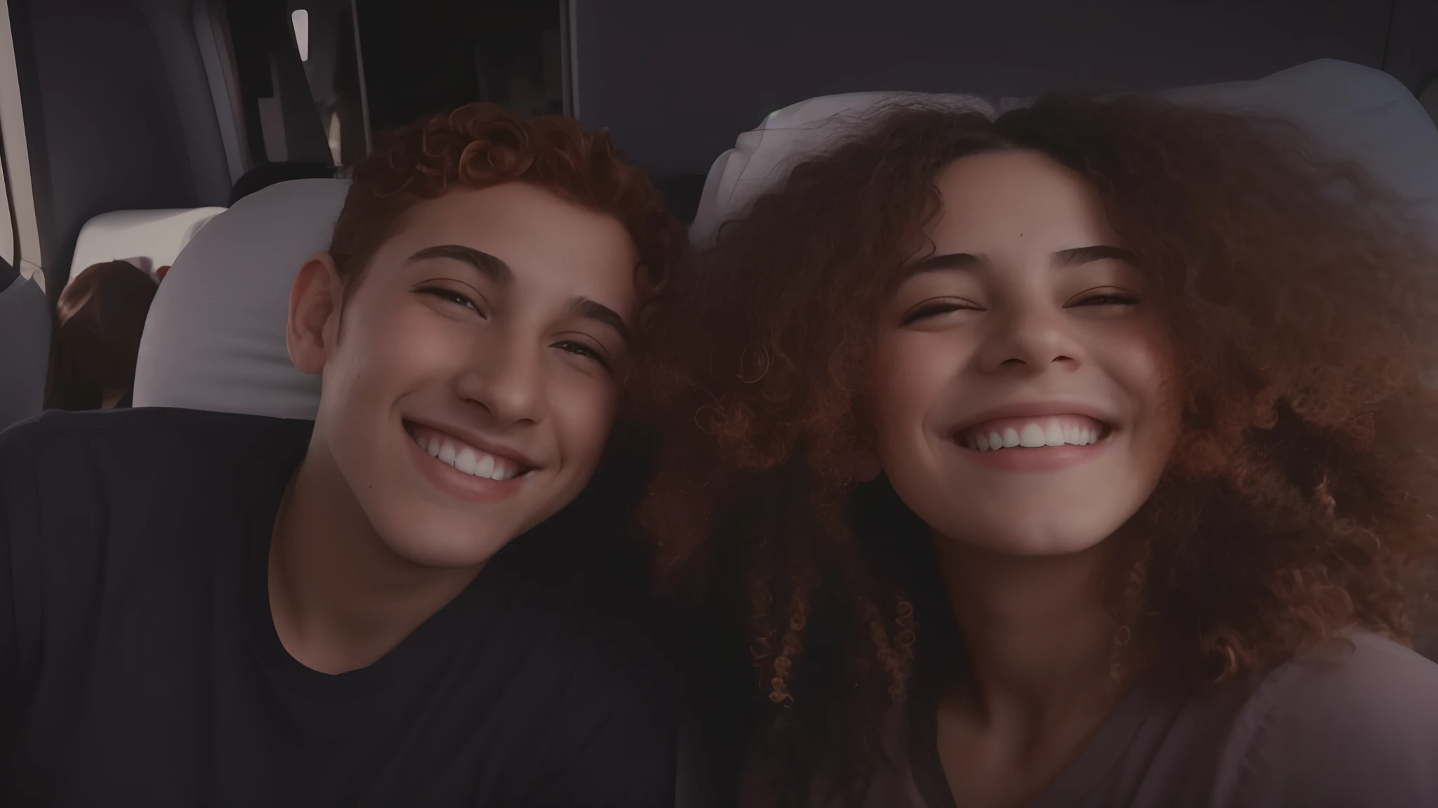 There are two people who are smiling and posing for a photo, Imagens granuladas, both smiling for the camera, ambos rindo, videoclipe, they are siblings, granulado de baixa qualidade, granulado de baixa qualidade, Charli Bowater e Artgeem, casal sorridente, childhood friend vibes, foto de perfil, still from a music video, sorrindo um para o outro, older brother vibes