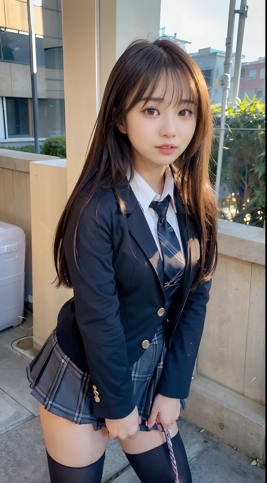 mix4, (16 K, Raw photography, Top image quality, masterpiece: 1.45), (realisitic, Photorealsitic: 1.37), one girls, cute little, A city scape,, profetional lighting, photon maping, school classrooms, physically-based renderingt, dark brown hair,pony tail hairstyle, Well-groomed and beautiful eyes、((二重まぶた))、Transcendent Cute Girl, (((student clothes、blazers、Long sleeve shirt worn by Japan high school girl、Ribbon Ties、Dark blue mini skirt,、Dark blue socks、Black loafers))), Top Quality Photos, hight resolution, 1080p, (clearface), (Detailed face description), (Detailed hand description), (masterpiece), (Exquisite CG)、extreme light and shadows、dishevled hair、master work、abundant detail、(Fine facial features)、(top quality photo)、(masuter piece)、(A detailed eye)、Look in front of you、Fine clavicle、((Slender big))、(((Japan schoolgirls wear jackets and long-sleeved shirts)))、((Neat and clean idol))、((School Gate、school ground、School building in the background))、(Shooting from random perspectives)、(((Anyway cute)))、耳Nipple Ring、A big smile、Drawing the whole body from the knees、Do not draw nasolabial folds、(((Sports bags used by Japan schoolgirls)))、(Big breasts that hang down big:1.2)、Big buttocks with tension、Two arms and two legs、(((from the front side:0.7)))、bare hand、(((Left and right symmetrical eyes)))、Standing Pose、Put your hands on your desk、Do not take the tie out of the jacket、Raise your buttocks:1.5,barebacked:1.5,