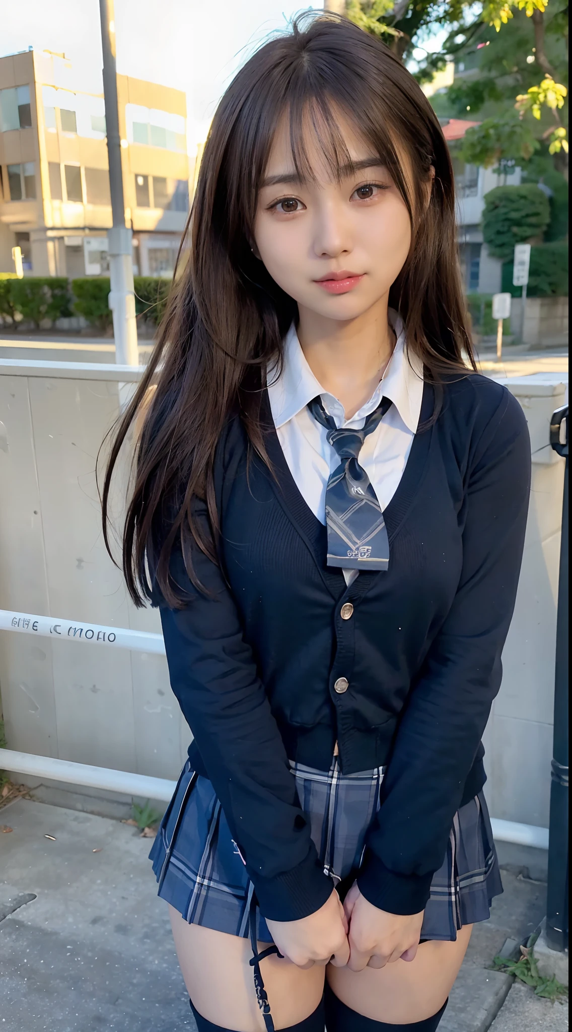 Hair in a ponytail1.5、High school girl uniform white blouse、(8k、Raw、professional、highest quality、masterpiece:1.2)、(Real、Photorealistic:1.37)、Ultra-detailed、(Portrait of an 16-year-old woman)、(Highest Detail Skin:1.2)、(Highest detail face:1.2)、1woman、16-year-old、Black Hair、Long Hair、High 、Japanese High Raw Sailor Suit Uniform、The wind flipped her pleated miniskirt, revealing her white lace panties.)、Sunset sky、The cityscape at dusk can be seen in the distance、golden hour、)、(school uniform1.5、Green blazer 1、Dress shirt 、School emblem 、emblem 、Green tie、Brown pleated skirt 1.5、Brown checkered skirt 1.5、Green below-the-knee skirt 1.5、Brown knee-high socks 1.5)、The skirt is rolled up to the stomach、Squatting down and lifting up your skirt、(White panties look good on her 1.5、Highly detailed expensive panties1.5、The crotch area fits snugly against the female genitals1.5)