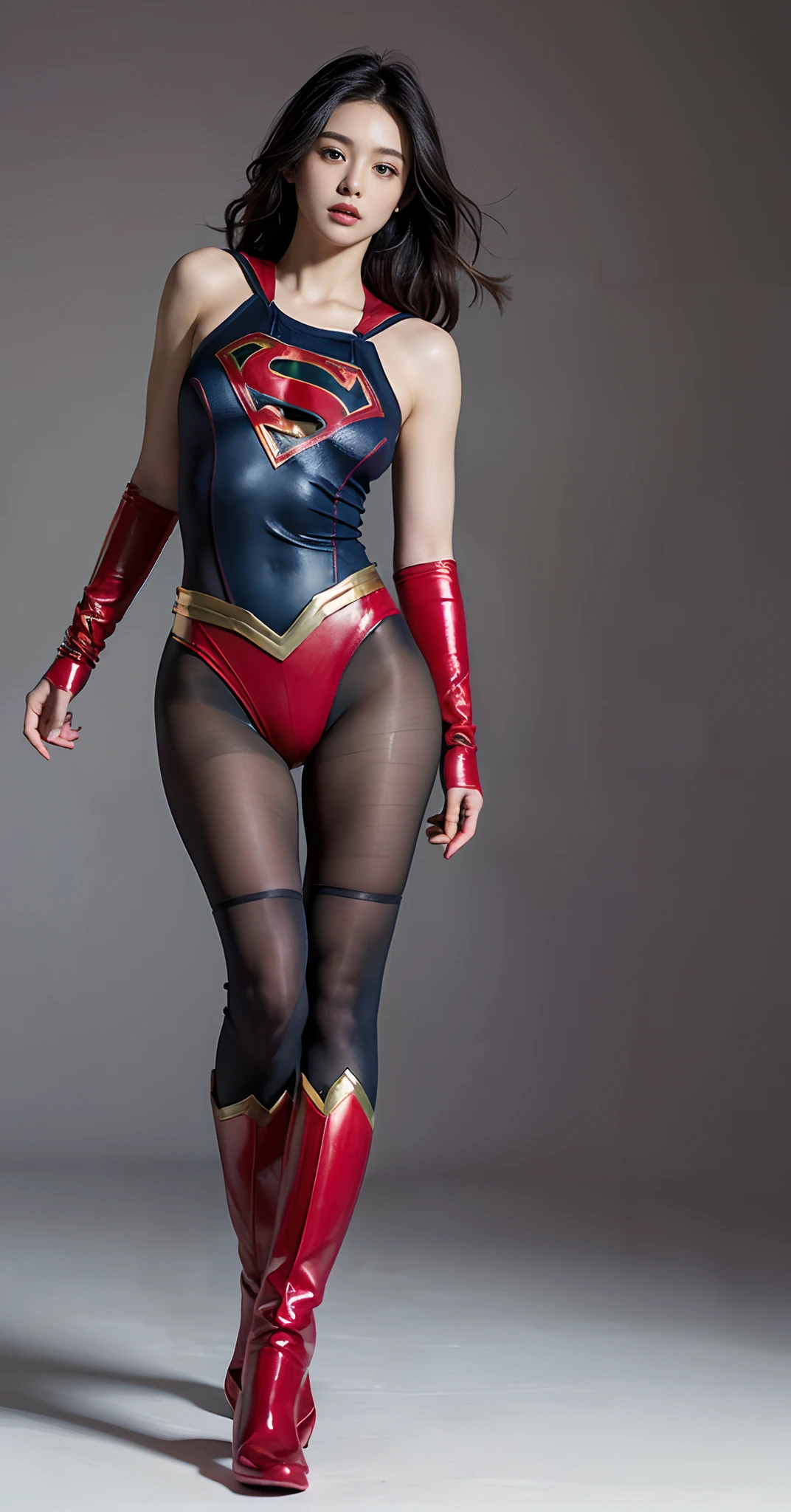 Beautiful girl fighting、japanes、Cute Beautiful Girl、(((Wear black tights on your beautiful legs.)))、(((beauty legs)))、(((Open thighs)))、((((Make the most of the original image)))、(((Supergirl Costume)))、(((Beautiful hair with short cuts)))、(((Injured)))、(((Feet must necessarily be worn with black tights)))、(((You need to wear red boots)))、((Top image quality、8K))、((top-quality、8K、masterpiece:1.3))、(((Keep your background simple)))、Crisp focus:1.2、Beautiful woman with perfect body shape:1.4、Slender Abs:1.2、a wet body:1.5、Highly detailed facial and skin texture、8K、Keep your background simple