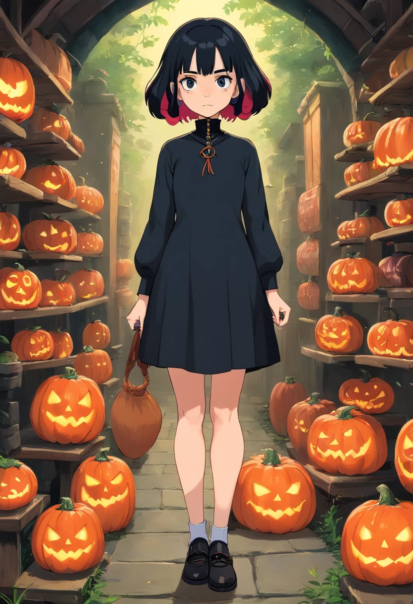 Vandinha Addams. uma adolescente de cabelos pretos, lisos e compridos, usually tied in two braids. Vandy has a pale appearance and a serious expression, quase sempre com um olhar frio e distante.
She wears a black long-sleeved dress with a white turtleneck, com uma faixa preta amarrada na cintura, meias pretas com sapatos estilo Mary Jane.