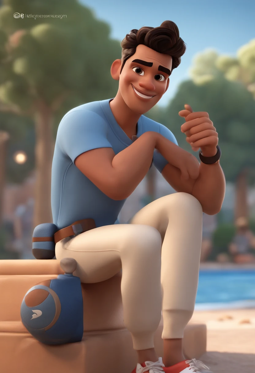 A Disney pixar character of a Man with short black hair, with brown eyes, drawn beard, blue t-shirt with a volleyball design, wearing jeans and black and white nike dunk sneakers and holding a microphone in his hand and a mobile phone in other hand. animation character, Caractere estilizado, animation style rendering, 3D estilizado, Arnold Maya render, 3 d render stylized, toon render keyshot, Personagem 3D, Personagem 3D, 3d rendering stylized, 3d character render, personagem de desenho animado, Personagem de close up, Pose de personagem,  (Estilo Pixar) (master part:1.2) (Bokeh) (best quality) (pele detalhada) (textura detalhada) (8k) (argila) (Cinematic lighting) (foco nítido