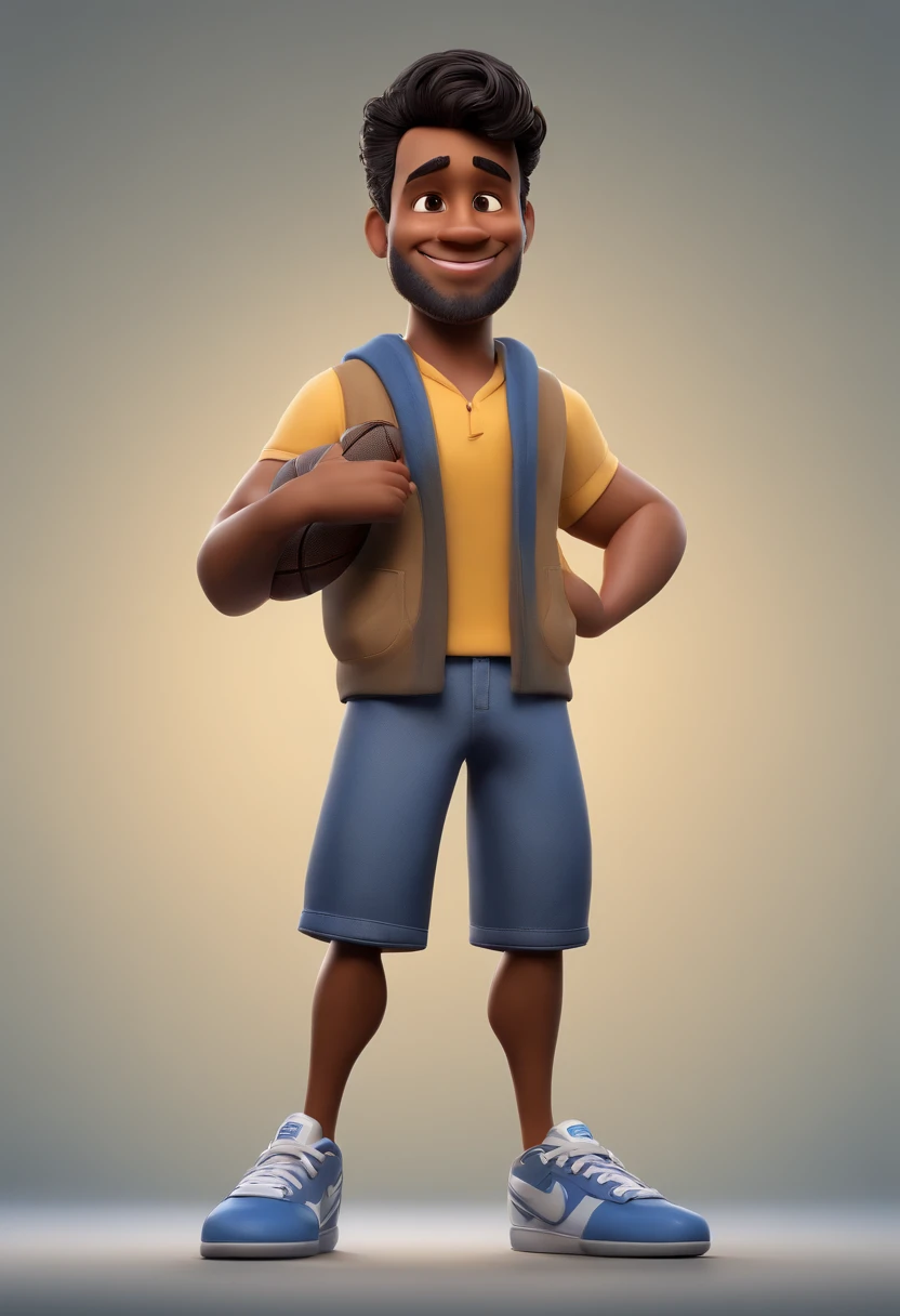 A Disney pixar character of a Man with short black hair, with brown eyes, drawn beard, blue t-shirt with a volleyball design, wearing jeans and black and white nike dunk sneakers and holding a microphone in his hand and a mobile phone in other hand. animation character, Caractere estilizado, animation style rendering, 3D estilizado, Arnold Maya render, 3 d render stylized, toon render keyshot, Personagem 3D, Personagem 3D, 3d rendering stylized, 3d character render, personagem de desenho animado, Personagem de close up, Pose de personagem,  (Estilo Pixar) (master part:1.2) (Bokeh) (best quality) (pele detalhada) (textura detalhada) (8k) (argila) (Cinematic lighting) (foco nítido