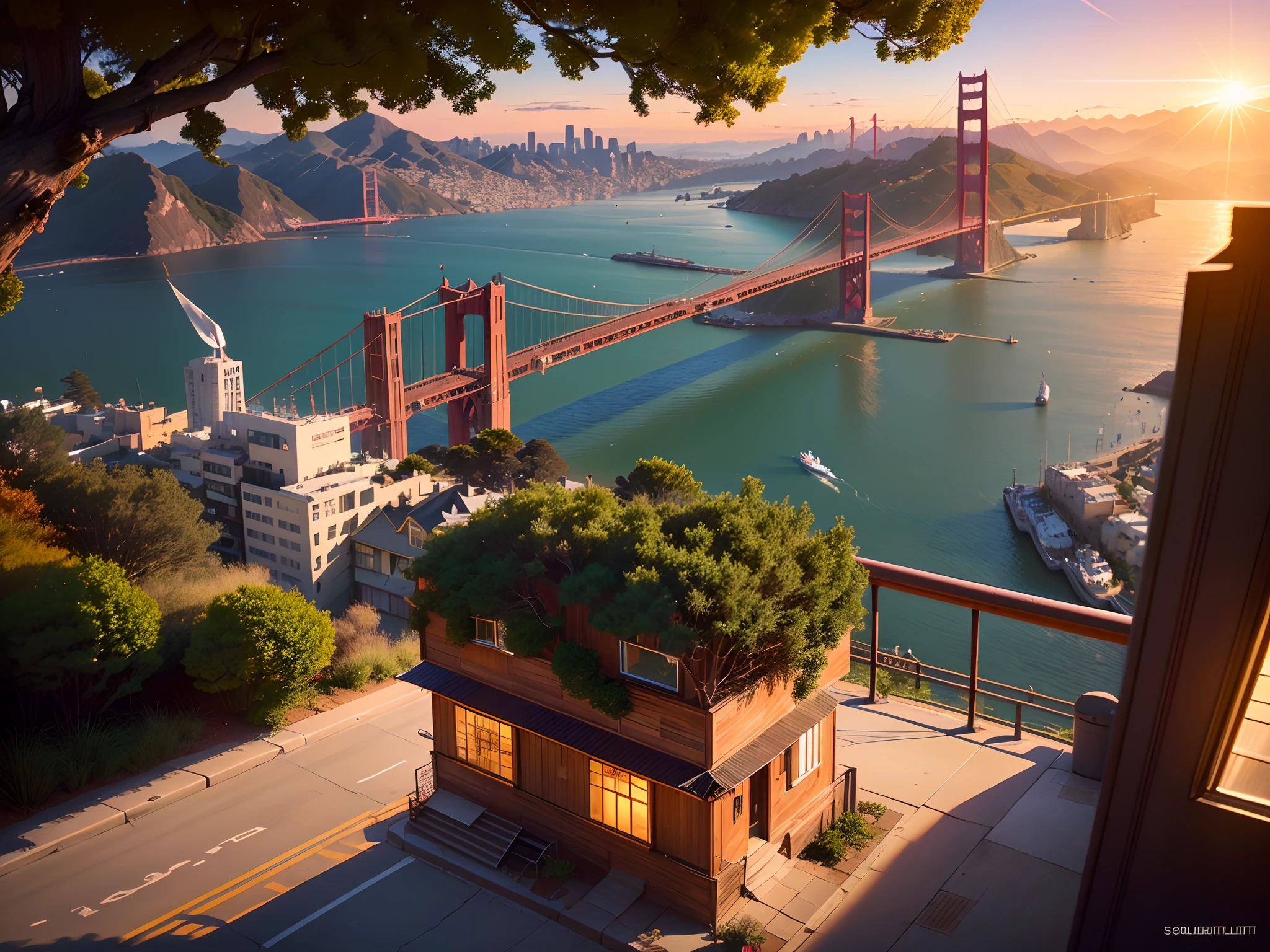 Solarpunk style, san Francisco, flying Zeppelins, golden gate Bridge, wind energy generators, glowing green trees, sunset, water wheel energy generators, airships, art deco san Francisco, Ecobrutslist architecture, evening, city life, steep hills, skyscrapers