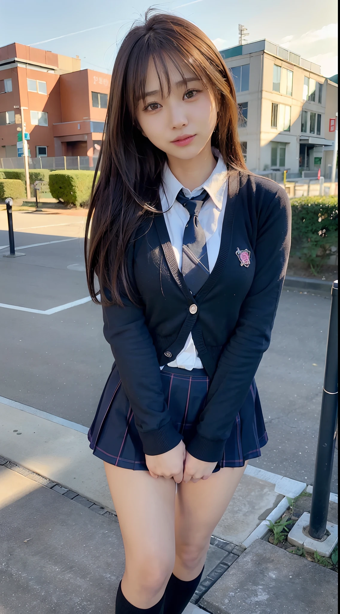 (masterpiece,highest quality,Super high resolution),japanese girl, （very beautiful  girl）,naive girl、(perfect limbs、perfect anatomy),standing on neon street in the middle of the night、Phenomenally cute 、Wearing Japanese school uniform、japanese school uniform、surreal 、dressed like a high school girl、surreal 、wearing a uniform、girl in uniform、wearing a uniform、 Pause、Full body Esbian、nice skin、glowing skin、nice thighs、Shining thighs、shining legs、Black high socks above the knee、Japanese high school 、beautiful skin、Moist eyes、Brown glittery hair、Colors and landscapes of youth、Feeling of love, embarrassing smile, go to school, morning, Sheer, Wet,(lift up the skirt)、(White panties are visible)、超絶に可愛らしい幼い顔の女の子、下から犯す