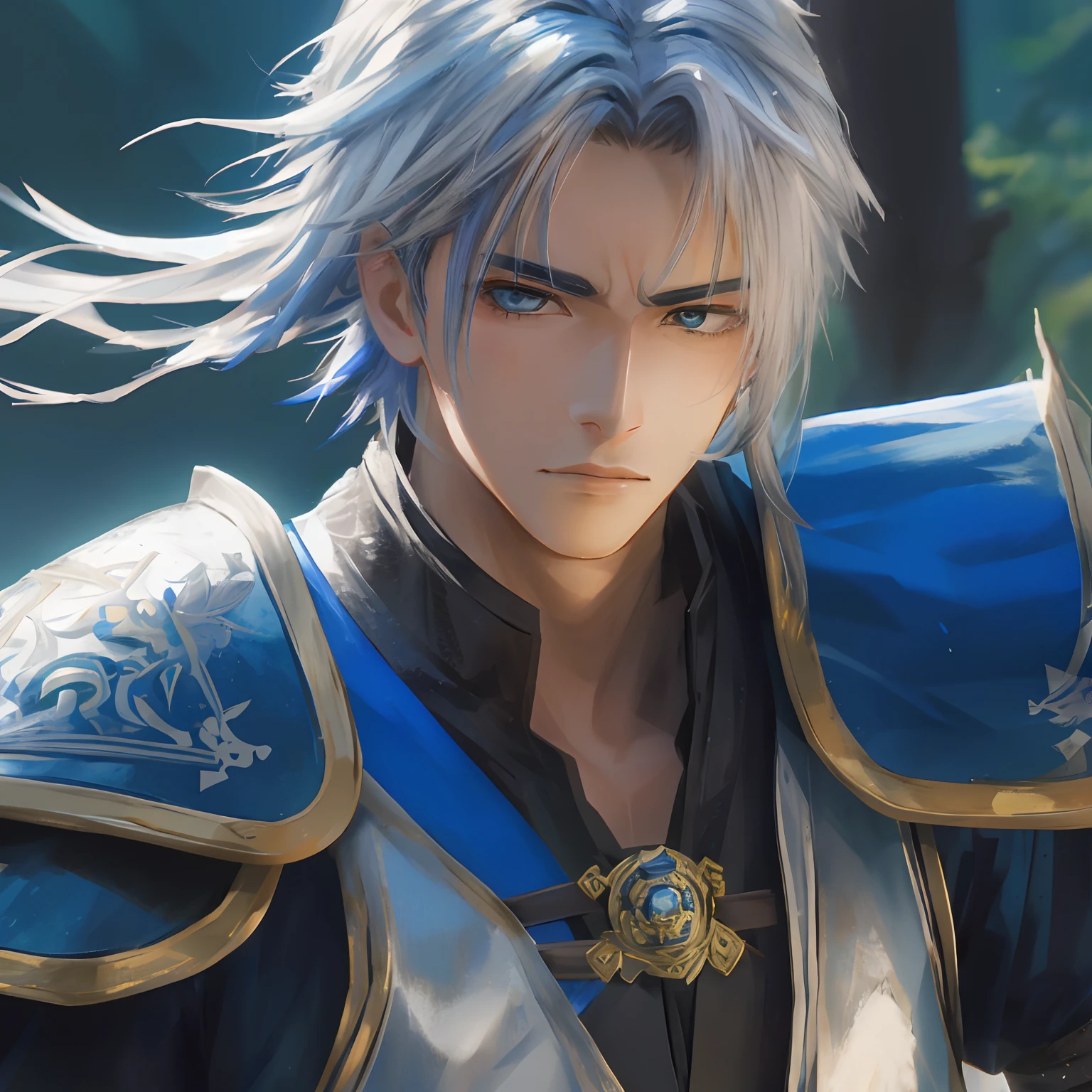 Arafed macho em uma roupa azul e preta com uma espada, Zhao Yun, thancred waters, thancred waters in style of wlop, Zhongli, Genshin Impact, Keqing de Genshin Impact, Heise Jinyao, Masamune Shiro, Retrato de Thancred, Um retrato de um elfo masculino, elfo masculino bonito, Taisho Romano