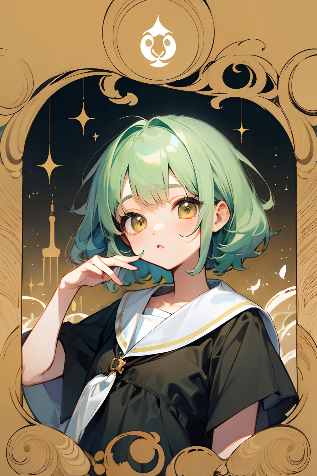 Pastel green hair color、Golden eyes、cute little、Transcendent Cute、Clear department、onepiece、 girl