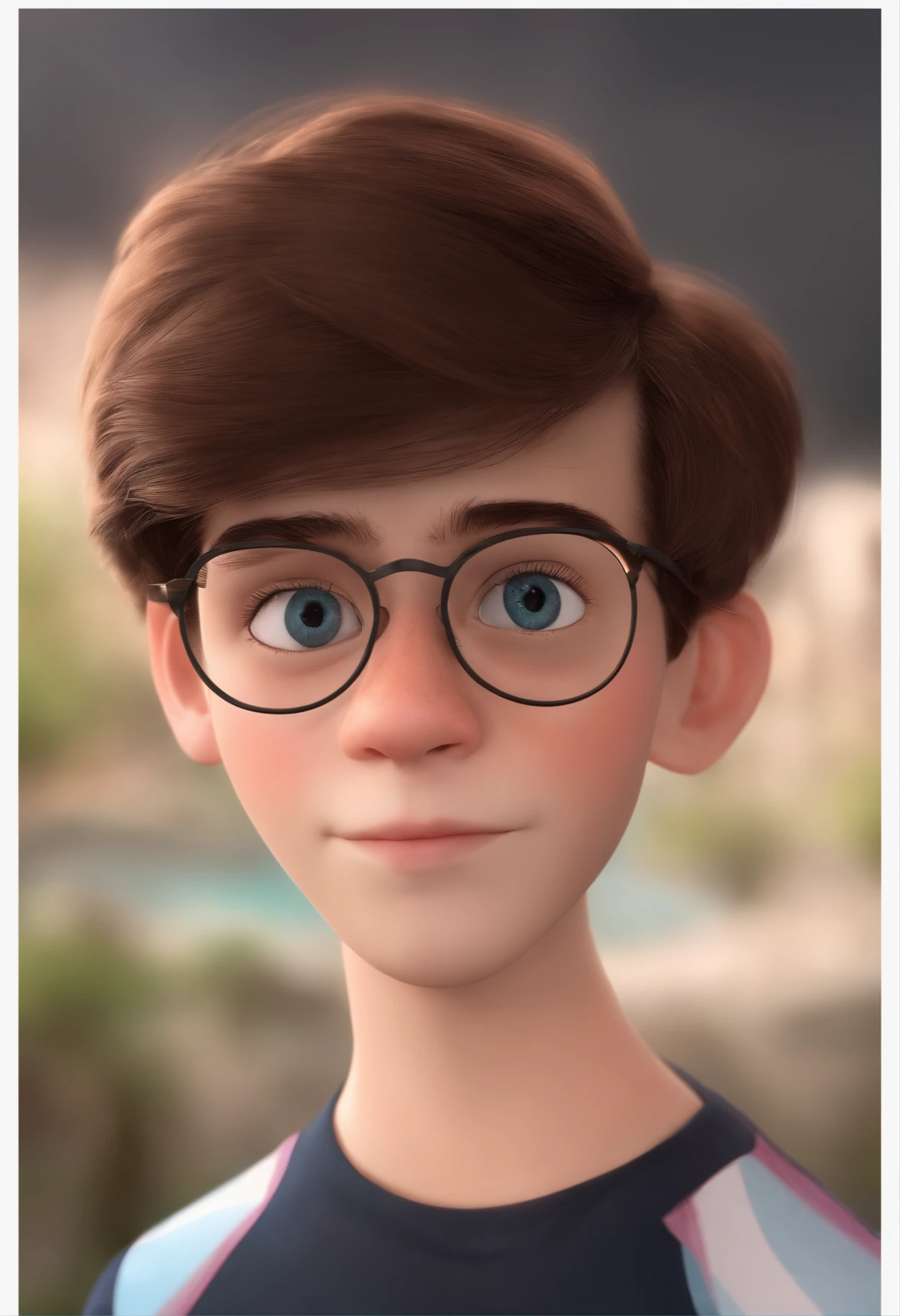 Imagem de um menino adolescente, em formato Pixar, com cabelo rosa-escuro, olhos castanhos, oculos redondos, cabelo liso, sobrancelhas pretas, pele clara