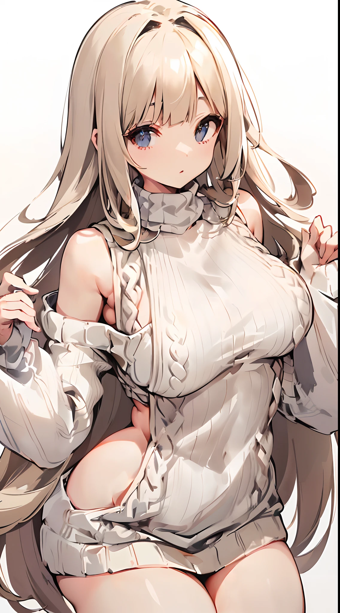 女の子 1 人、top-quality、((Longhaire、off shoulders、Off-arm、bbw、Beige hair color、knitted sweater、highleg、white backgrounid、Close-up from chest up、facing front、symmetry、bbw))、symmetry、A MILF、thick thighs、facing front、looking-down