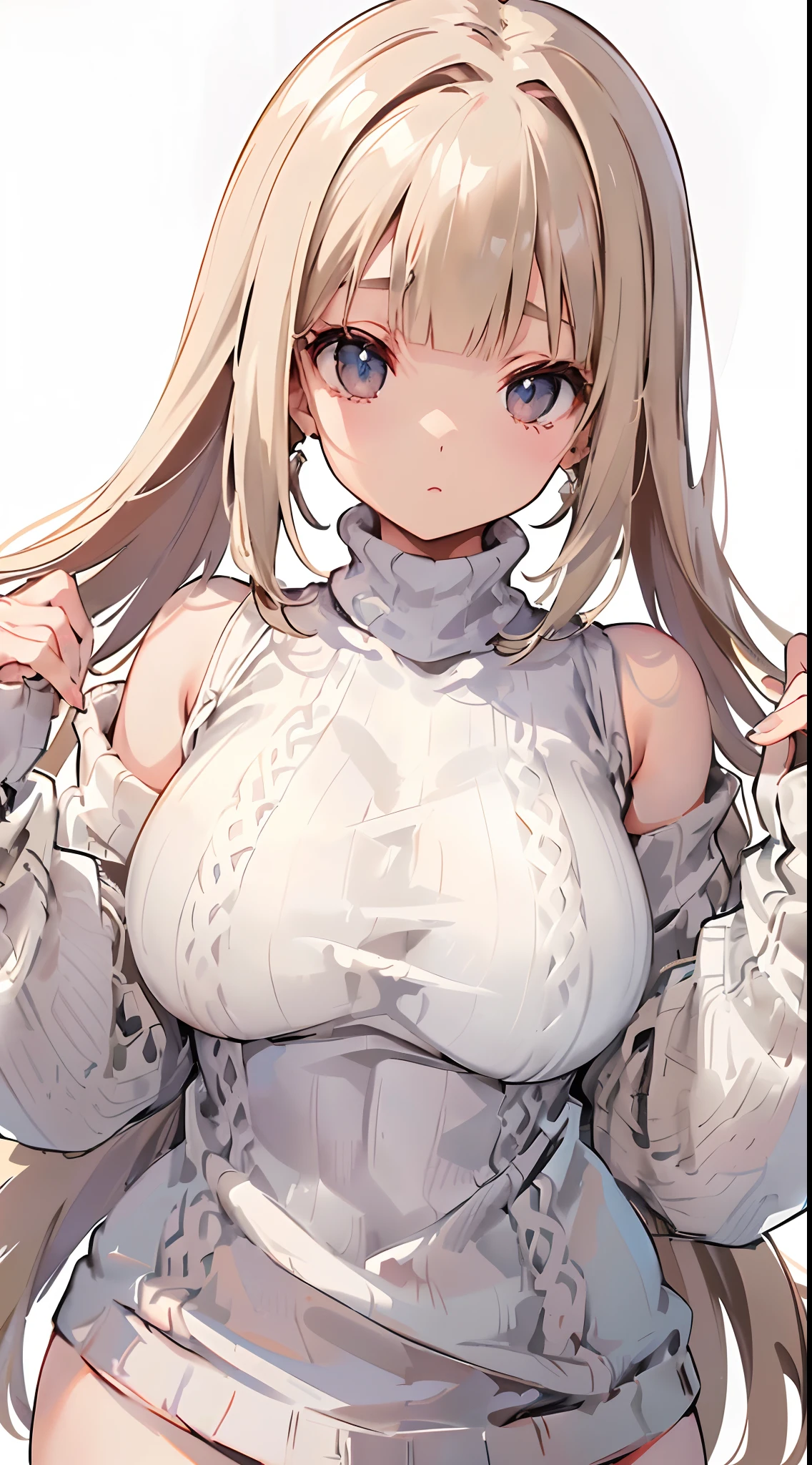 女の子 1 人、top-quality、((Longhaire、off shoulders、Off-arm、bbw、Beige hair color、knitted sweater、highleg、white backgrounid、Close-up from chest up、facing front、symmetry、bbw))、symmetry、A MILF、thick thighs、facing front、looking-down